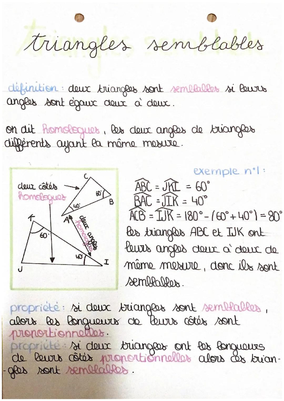 triangles semblables
definition: deux triangles sont sembtables si leurs
angles sont égaux deux à deux.
on dit homologues, les deux angles d