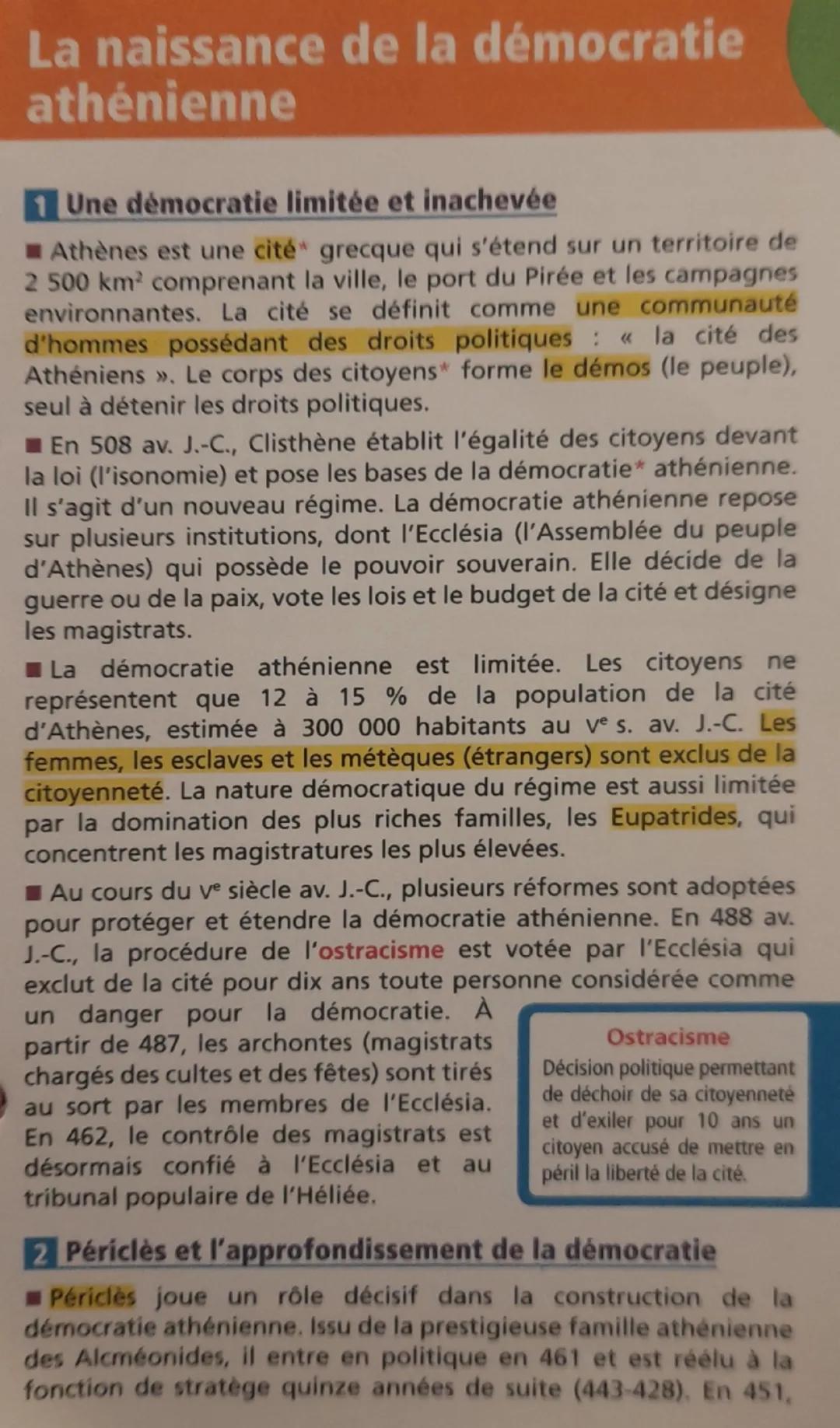 --- OCR Start ---
La naissance de la démocratie
athénienne
1 Une démocratie limitée et inachevée
Athènes est une cité grecque qui s'étend su
