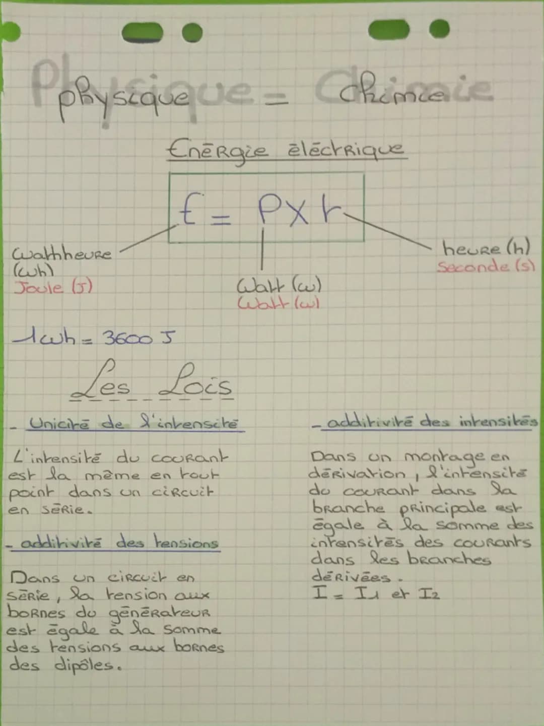 Physique = Chimale
Energie éléctrique
f=Pxh
Wathheure
(wb)
Joule (5)
heuse (h)
Seconde (s)
Walk (w)
Watt (w)
wh = 3600 J
Les Lois
Unicité de