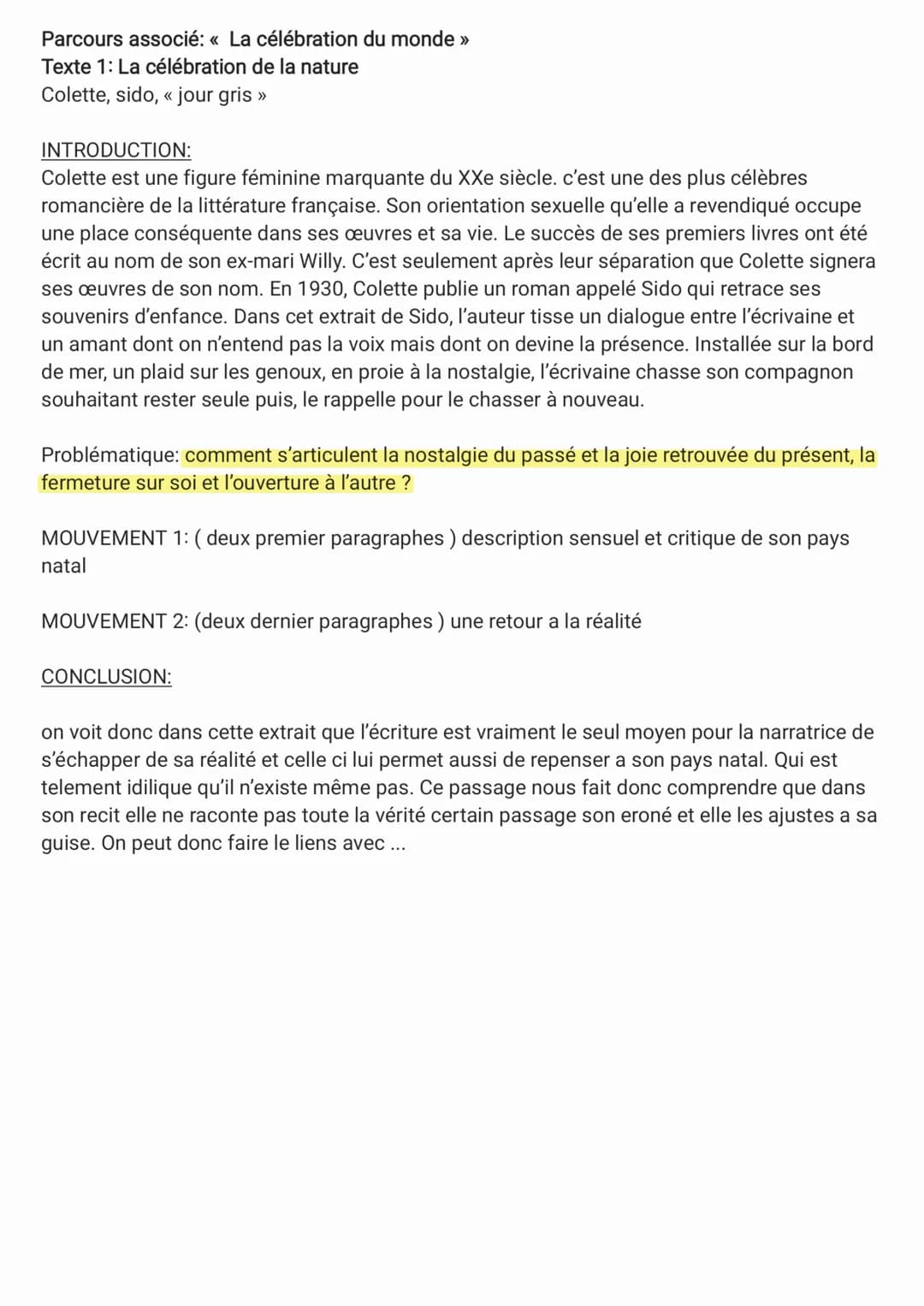 Parcours associé: « La célébration du monde >>
Texte 1: La célébration de la nature
Colette, sido, << jour gris >>
INTRODUCTION:
Colette est