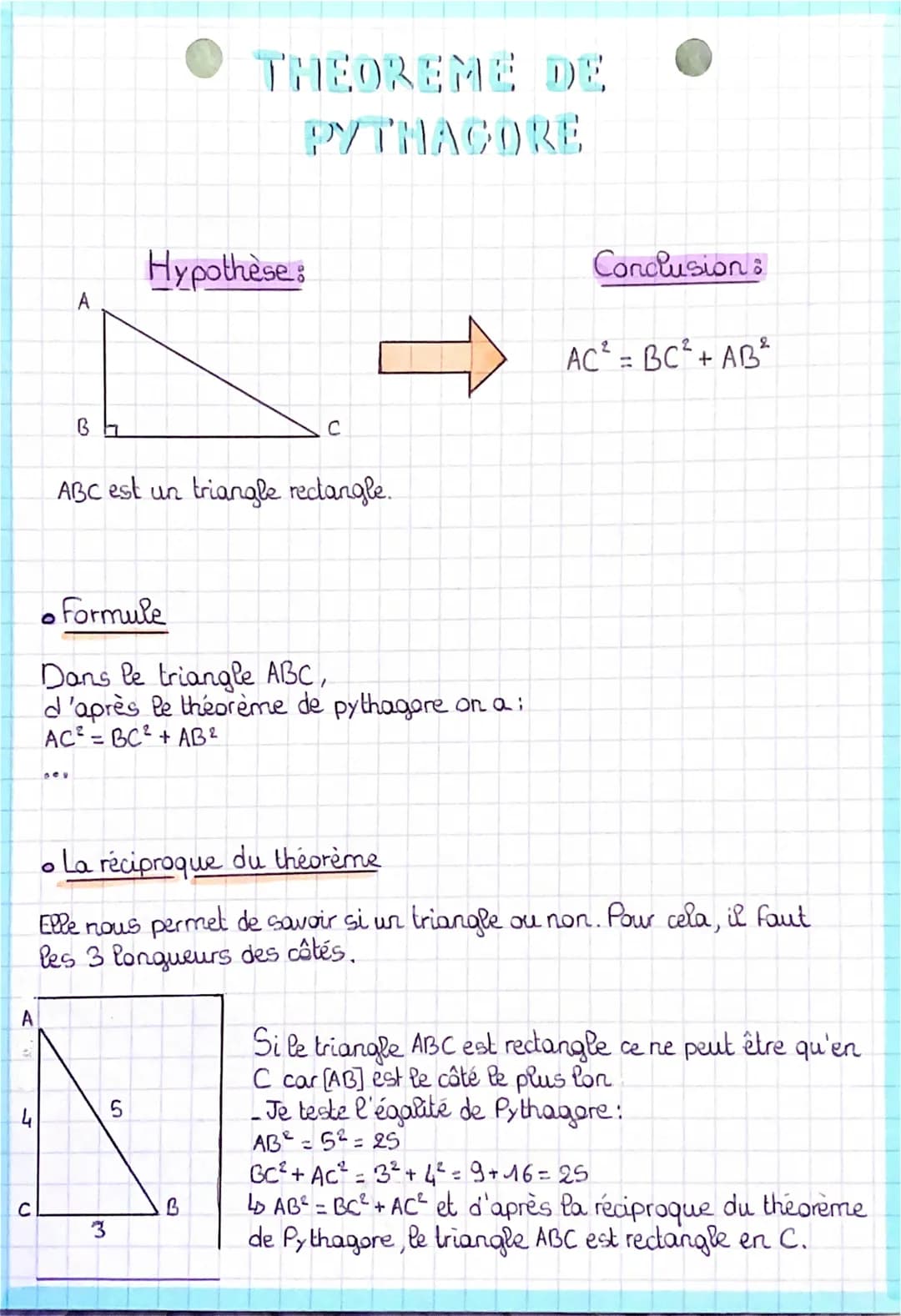 A
с
A
Bh
THEOREME DE
PYTHACORE
Hypothèse
ABC est un triangle rectangle..
3
C
• Formule
Dans le triangle ABC,
d'après le théorème de pythagor