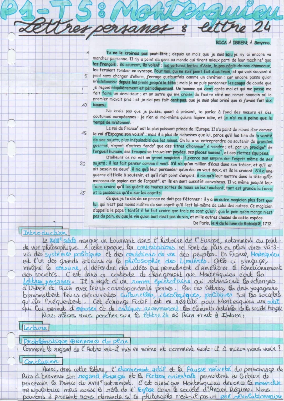 Analyse linéaire Montesquieu Lettres persanes, lettre 24