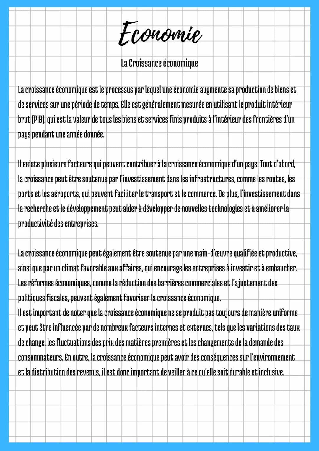 Economie
La Croissance économique
La croissance économique est le processus par lequel une économie augmente sa production de biens et
de se