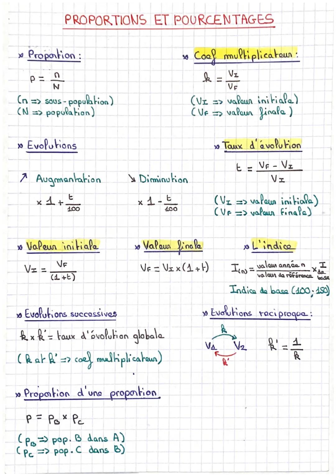 Proportion:
n
P= 73
N
(n => sous-population)
(N => population)
» Evolutions
7 Augmentation
t
100
X
PROPORTIONS ET POURCENTAGES
X
VI:
1
» Val