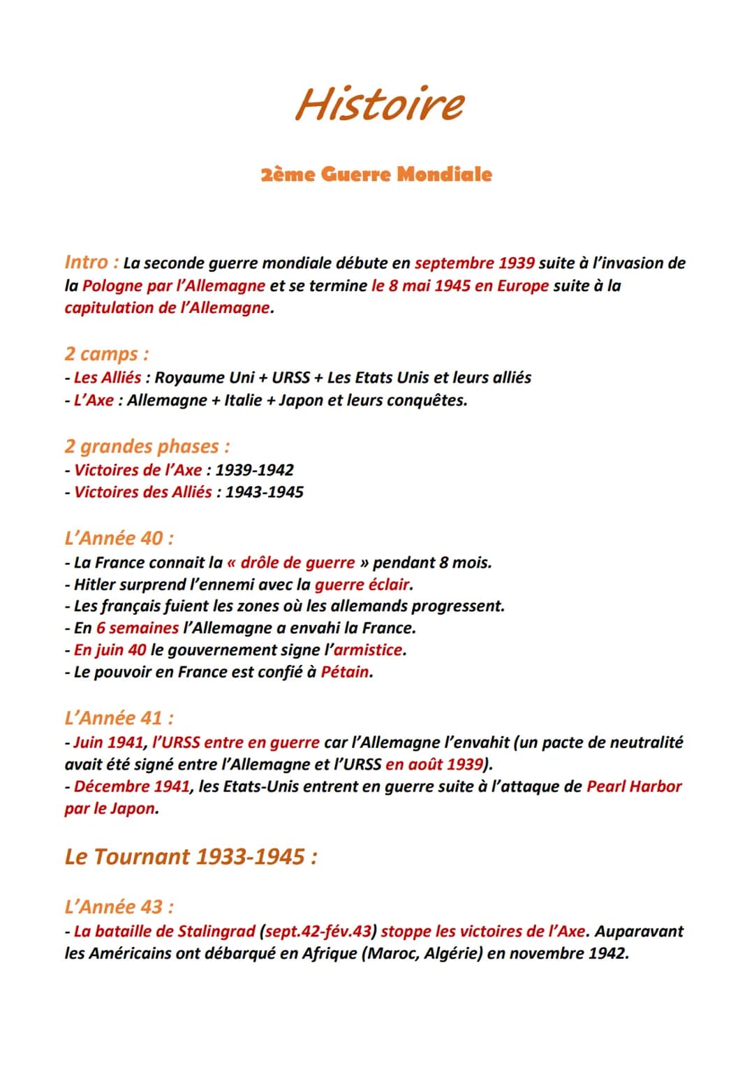 Histoire
2ème Guerre Mondiale
Intro: La seconde guerre mondiale débute en septembre 1939 suite à l'invasion de
la Pologne par l'Allemagne et