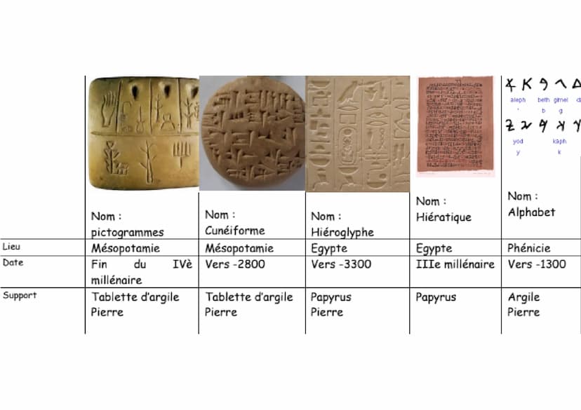 Les premières
écritures
HISTOIRE Lieu
Date
Support
VAAR
Nom :
pictogrammes
Mésopotamie
Fin
millénaire
Tablette d'argile
Pierre
du IVè
Nom :
