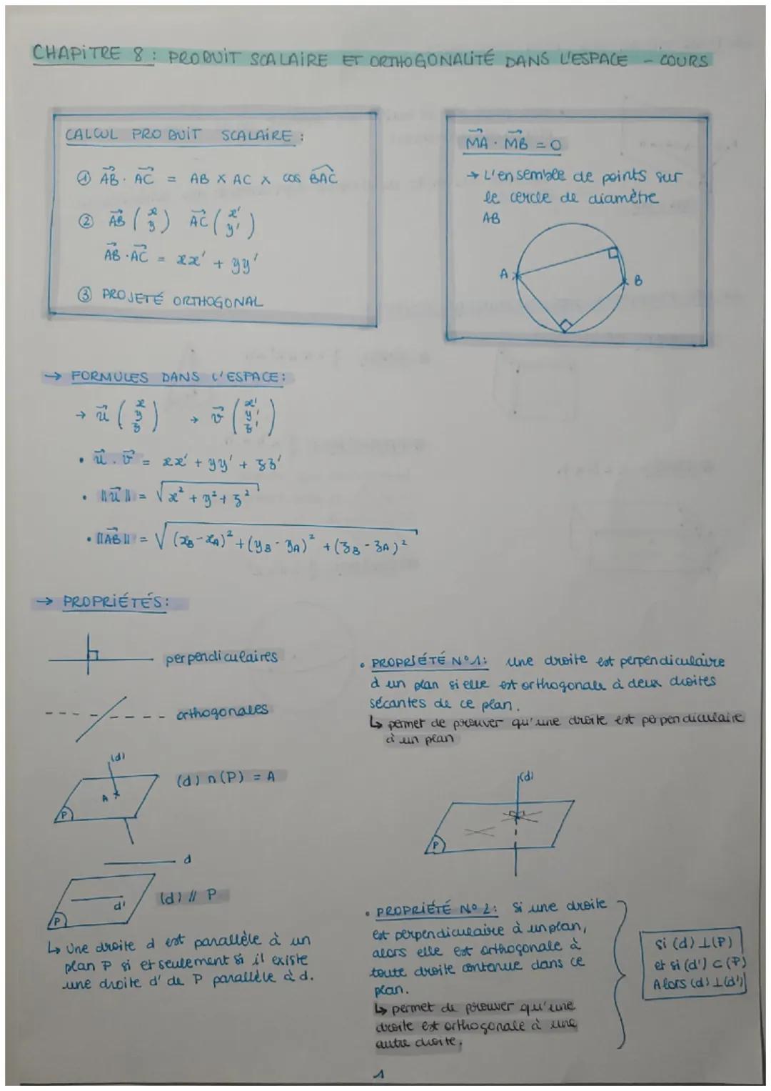 CHAPITRE 8: PRODUIT SCALAIRE ET ORTHOGONALITÉ DANS L'ESPACE - COURS

CALCUL PRO QUIT SCALAIRE:
*   AB AC = AB X AC X COS BAC
*   ②店($\frac{x