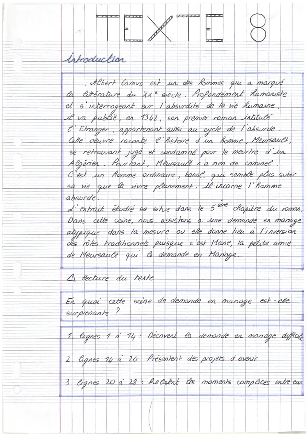 TEXTE 8
introduction
et s
Albert Camus est un des hommes qui a marqué
la littérature du XXe siècle. Profondément humaniste
interrogeant sur 