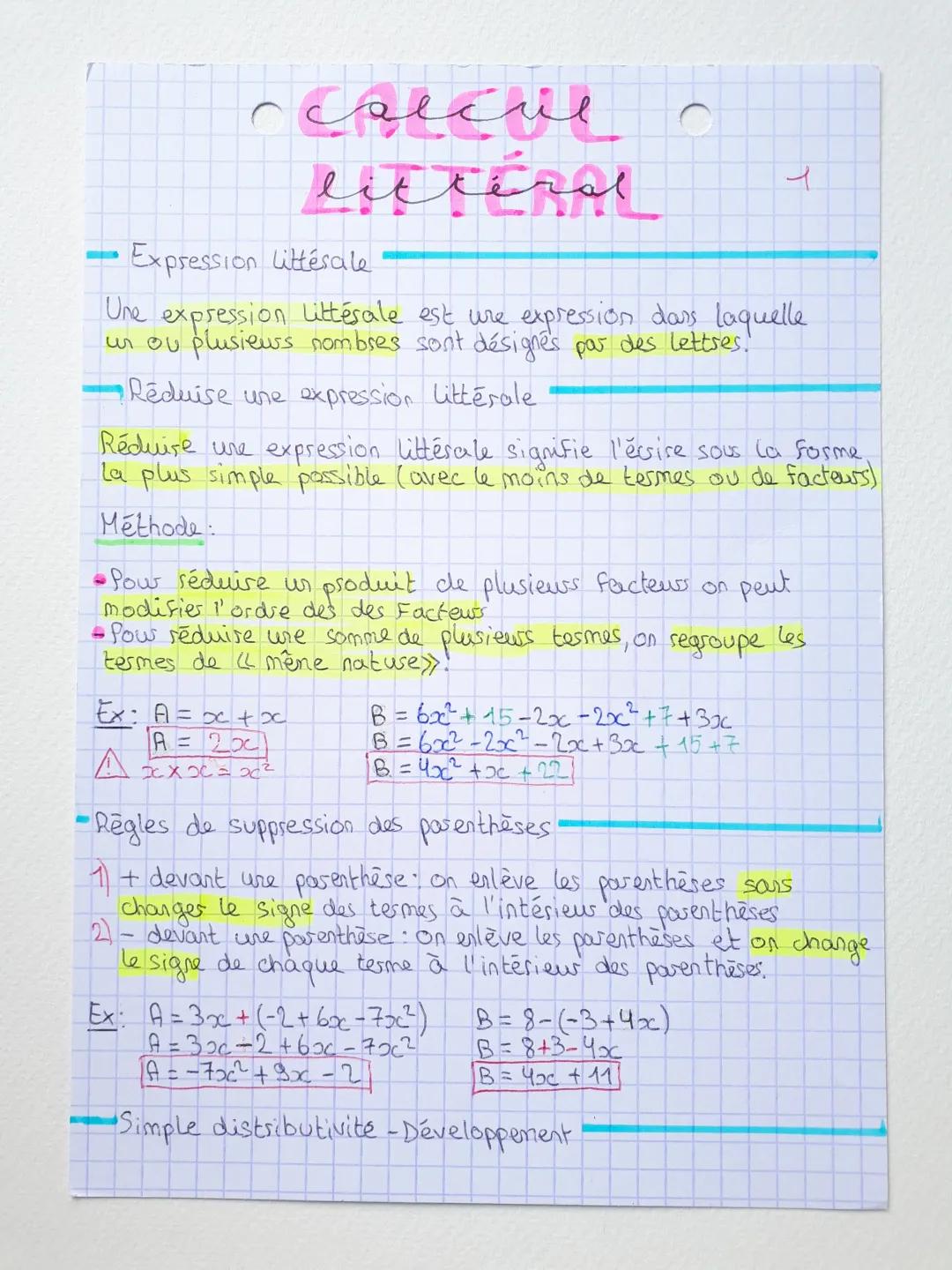 Calcul littéral