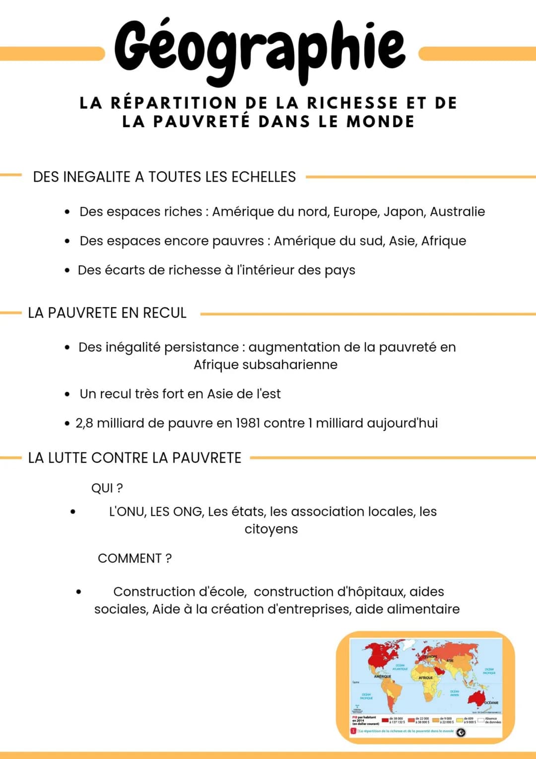 DES INEGALITE A TOUTES LES ECHELLES
Géographie
LA RÉPARTITION DE LA RICHESSE ET DE
LA PAUVRETÉ DANS LE MONDE
• Des espaces riches : Amérique