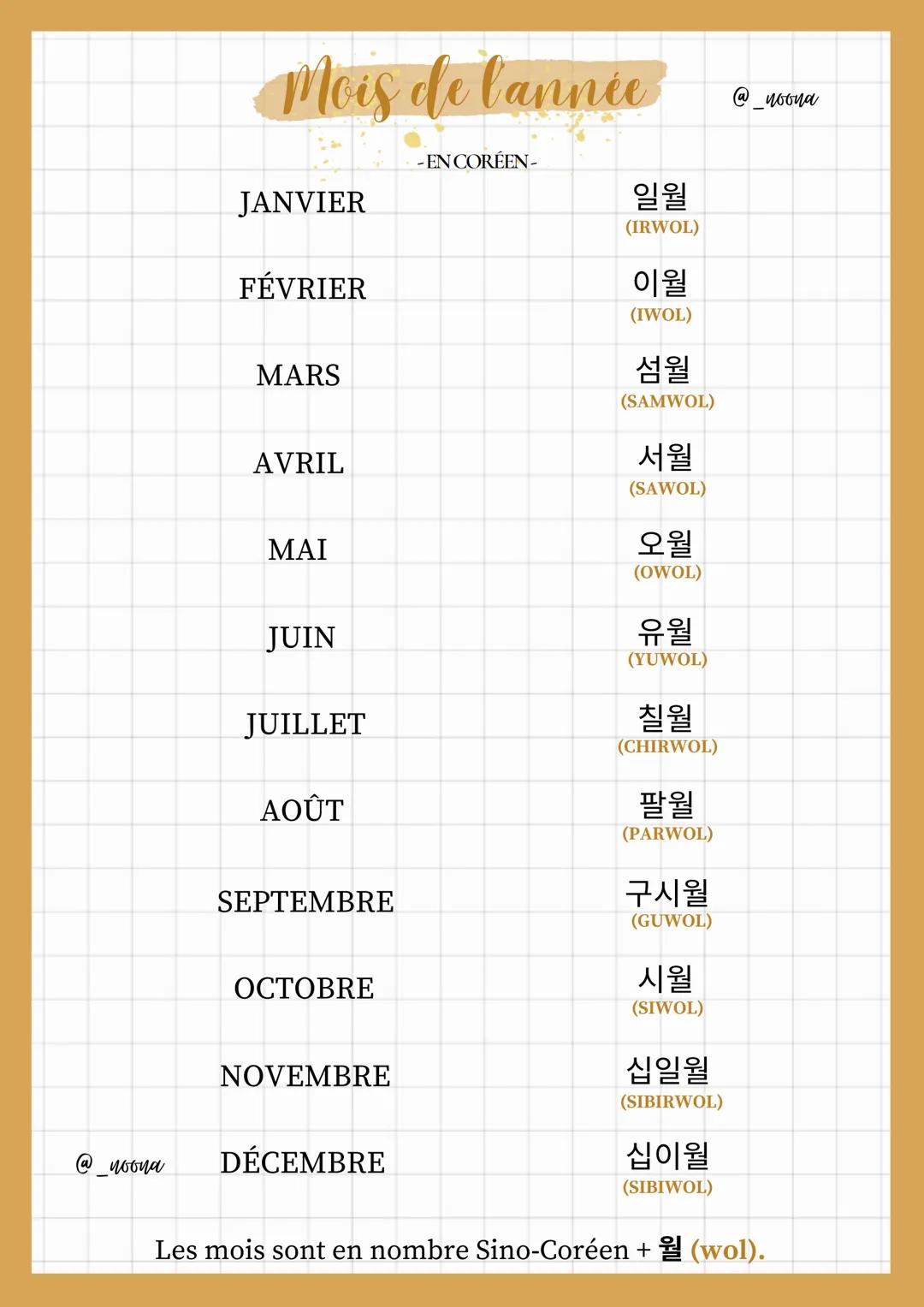 @_noona
# Mois de l'année
- EN CORÉEN-

JANVIER

일월
(IRWOL)

FÉVRIER

이월
(IWOL)

MARS

섬월
(SAMWOL)

AVRIL

서월
(SAWOL)

ΜΑΙ

오월
(OWOL)

JUIN
