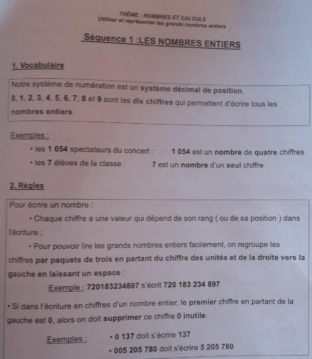 --- OCR Start ---
1. Vocabulaire
THEME: NOMBRES ET CALCULS
Utiliser et représenter les grands nombres entiers
Séquence 1 : LES NOMBRES ENTIE