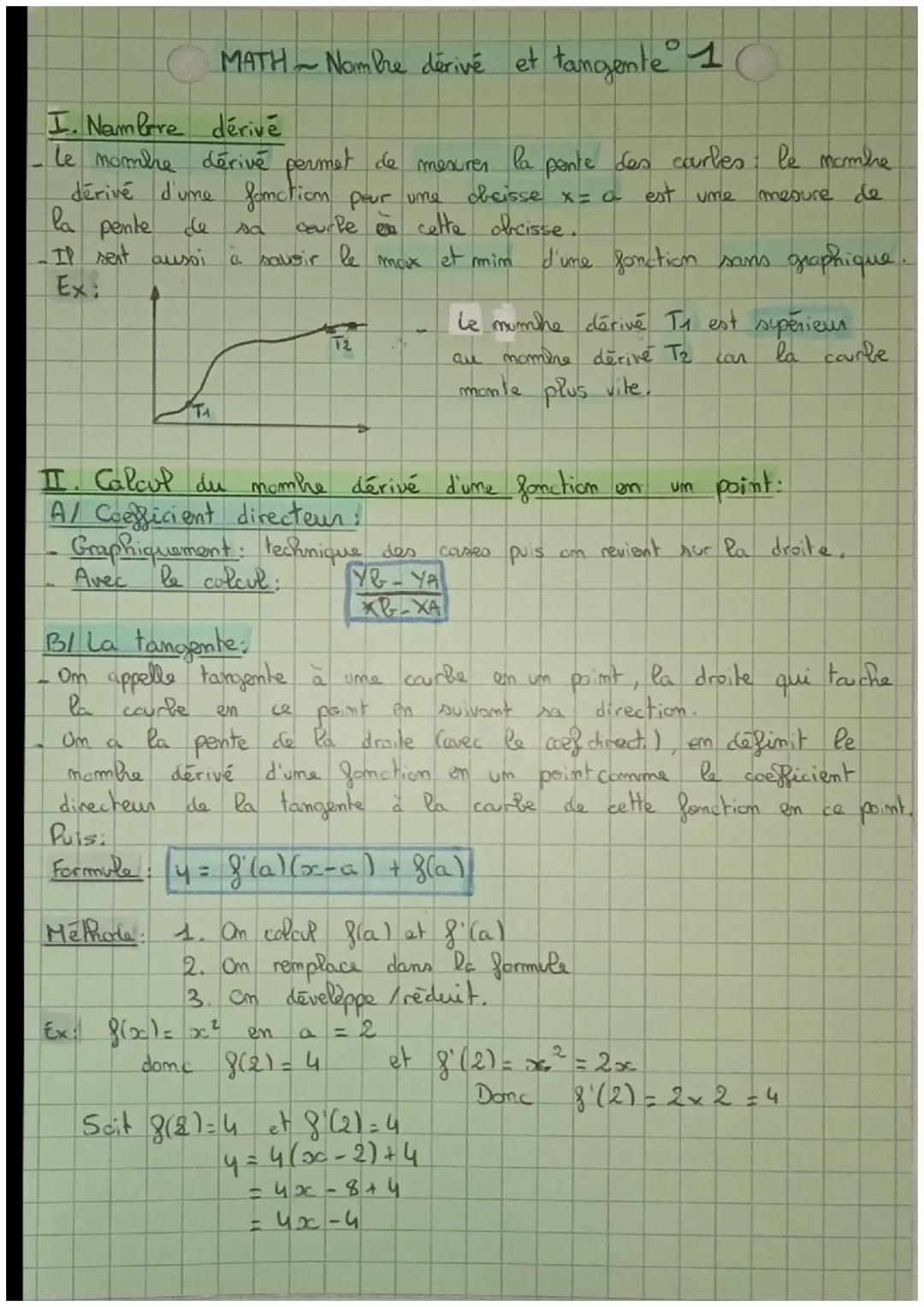 MATH~ Nombre derive et tangente 1
I. Nembre dérivé
le nombre dérivé permet de mesures la pente des carles: le nombre
dérivé d'une fonction p