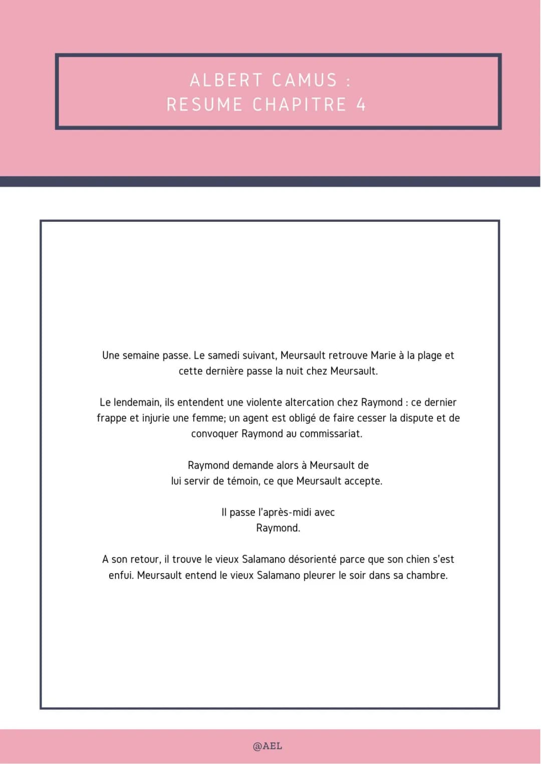 ALBERT CAMUS :
RESUME CHAPITRE 4
Une semaine passe. Le samedi suivant, Meursault retrouve Marie à la plage et
cette dernière passe la nuit c