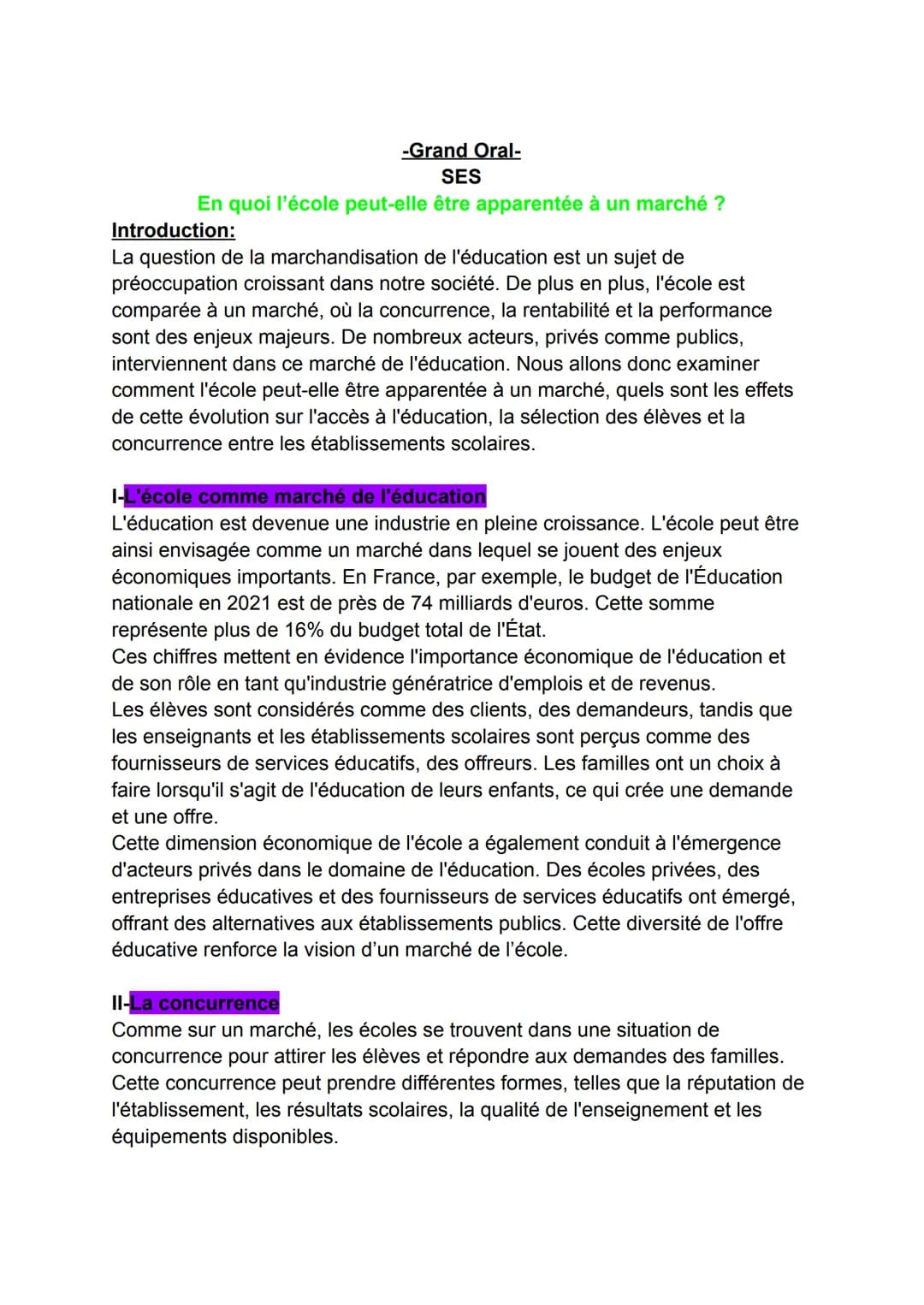 -Grand Oral-
SES
En quoi l'école peut-elle être apparentée à un marché ?
Introduction:
La question de la marchandisation de l'éducation est 