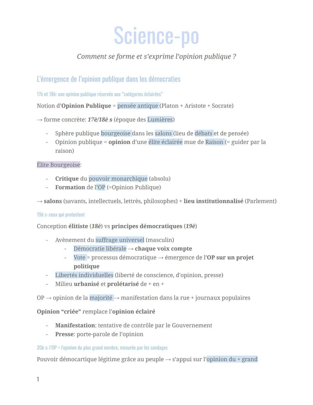 L'émergence de l'opinion publique dans les démocraties
17è et 18è: une opinion publique réservée aux "catégories éclairées"
Notion d'Opinion