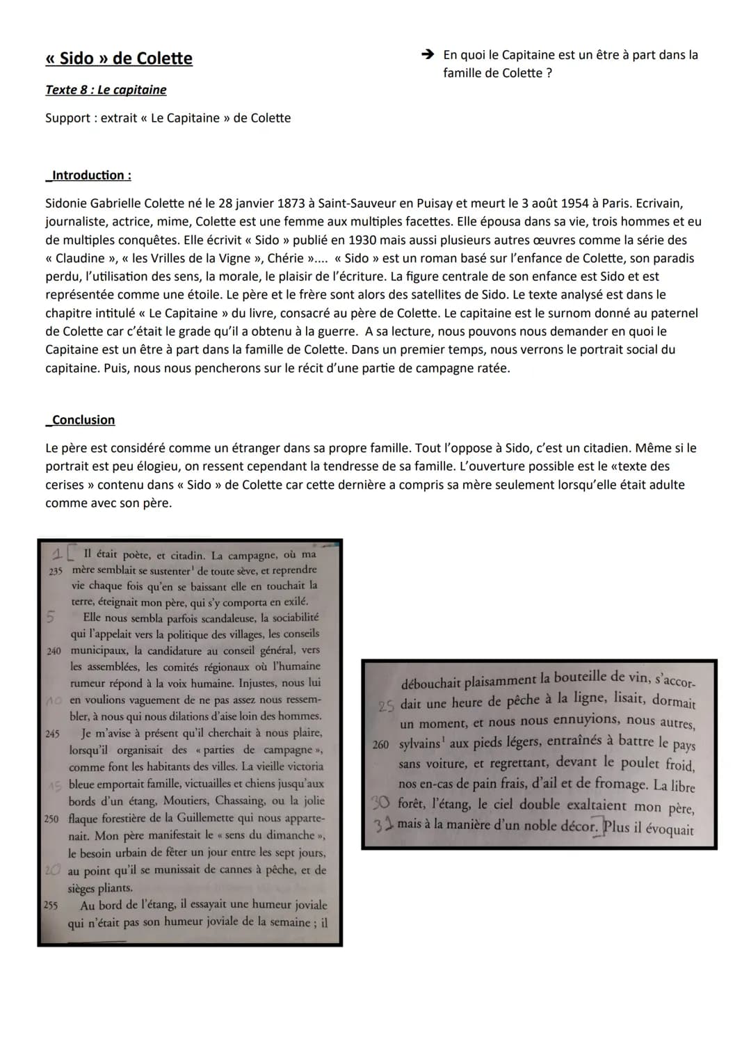 << Sido » de Colette
Texte 8: Le capitaine
Support extrait « Le Capitaine » de Colette
_Introduction :
Sidonie Gabrielle Colette né le 28 ja