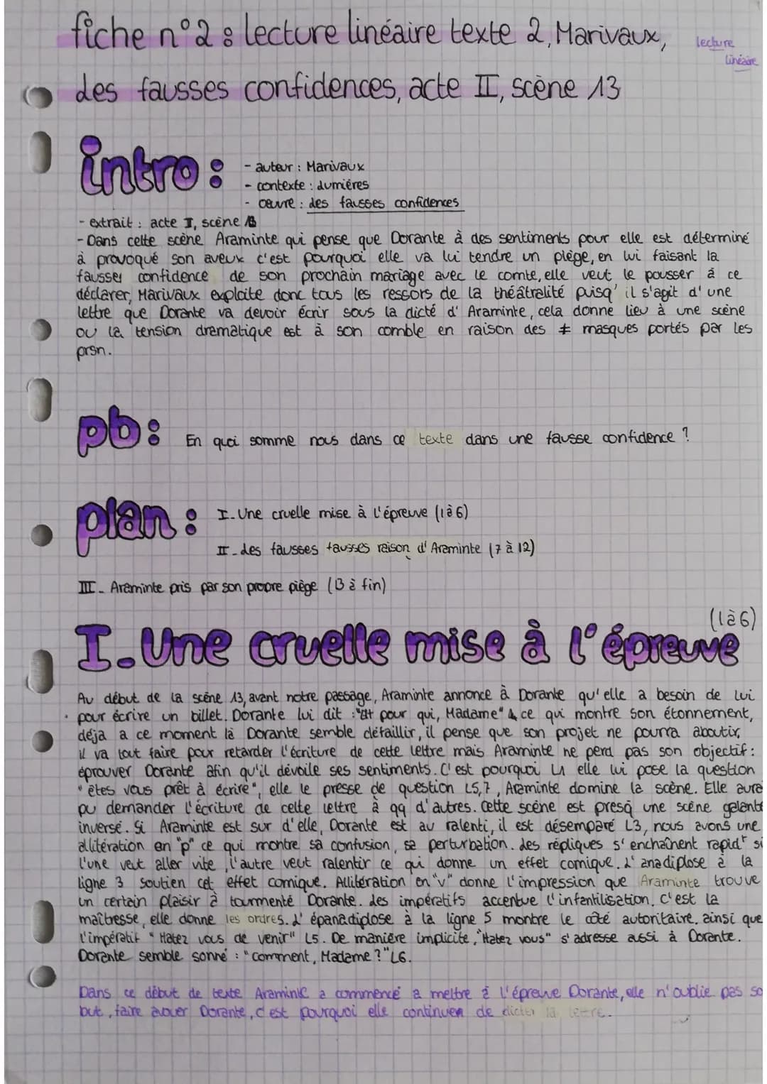 fiche nᵒa: lecture linéaire texte 2, Marivaux,
des fausses confidences, acte II, scène 13
O intro:
-auteur: Marivaux
- contexte : dumières
o