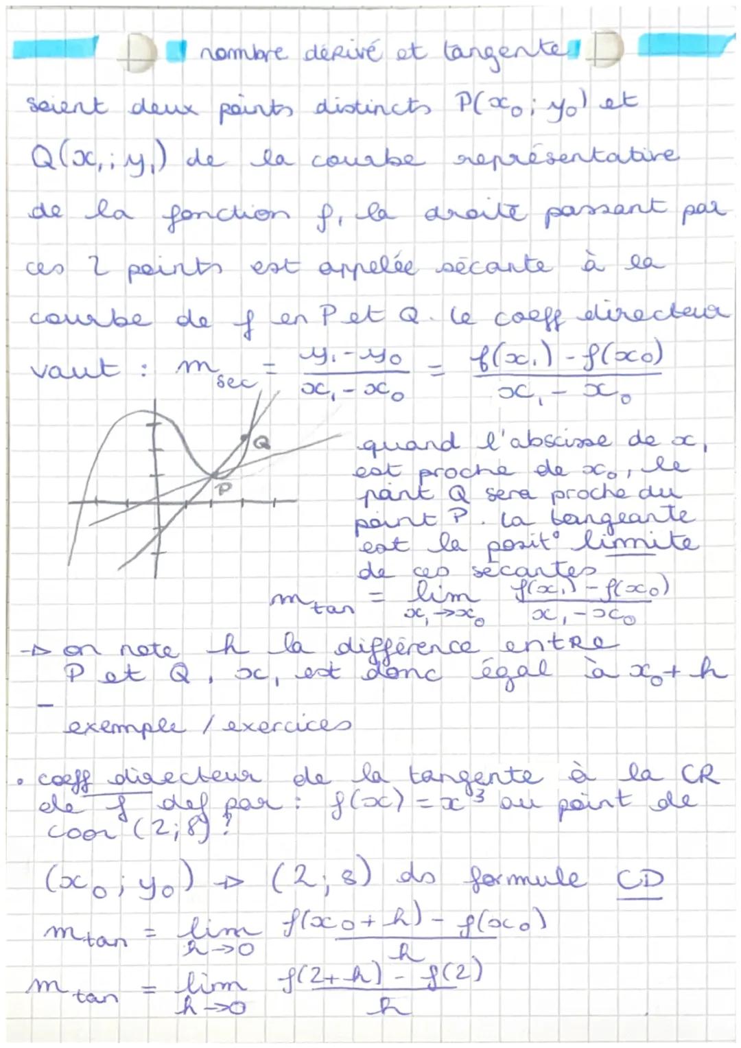I nombre desivé et tangente.
seient deux points distincts P(xo yo et
Q(x₁; y₁) de la courbe représentative
de la fonction f, la droite passa