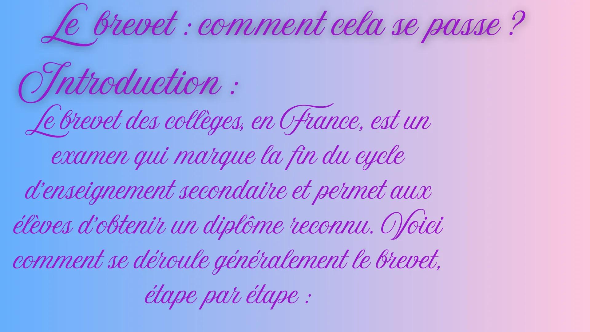 Le brevet : comment cela se passe ?
Introduction :
Le brevet des collèges, en france, est un
examen qui marque la fin du cycle
d'enseignemen