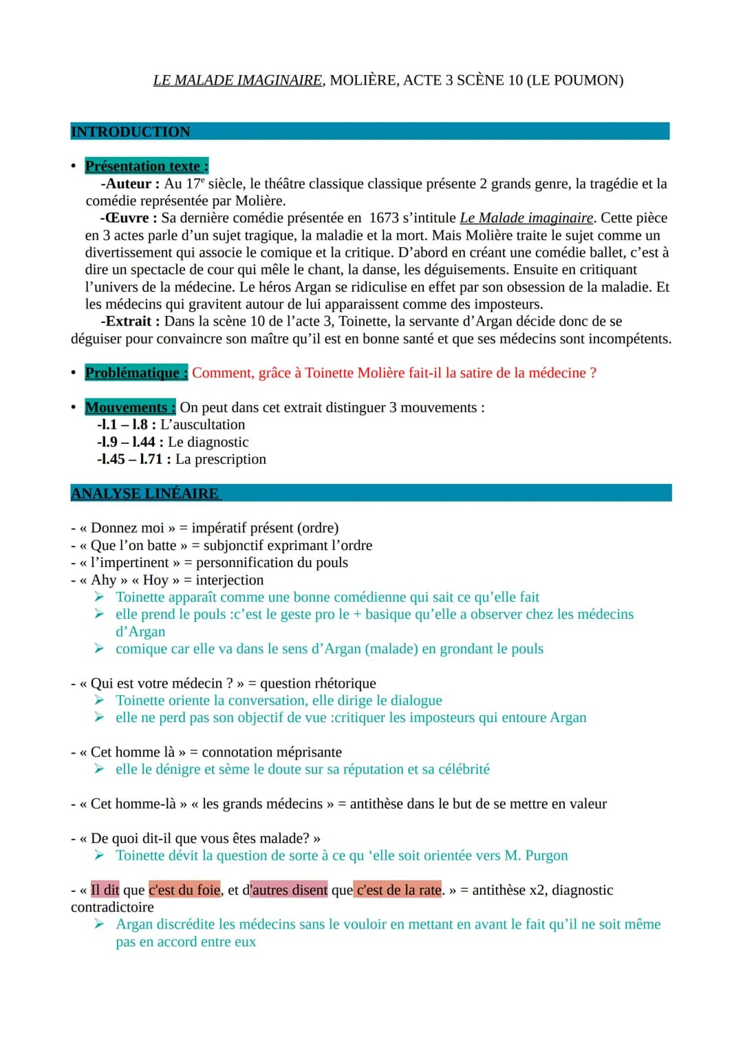 LE MALADE IMAGINAIRE, MOLIÈRE, ACTE 3 SCÈNE 10 (LE POUMON)
INTRODUCTION
Présentation texte :
-Auteur : Au 17° siècle, le théâtre classique c