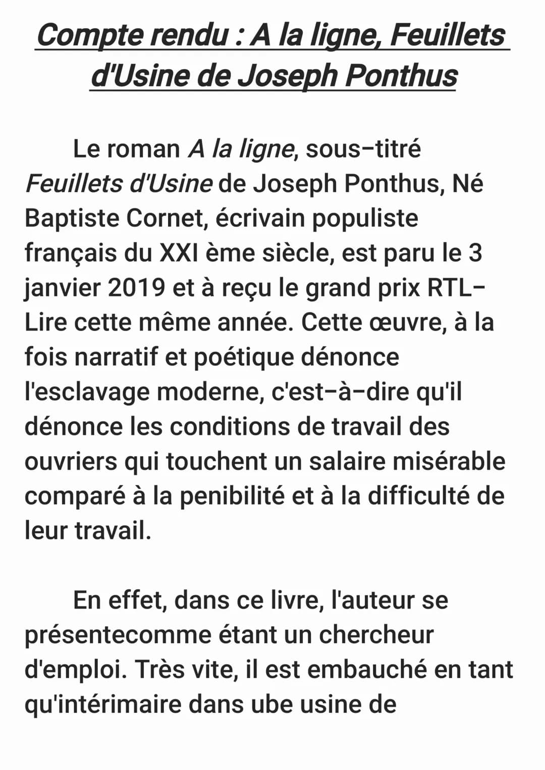 Compte rendu : A la ligne, Feuillets
d'Usine de Joseph Ponthus
Le roman A la ligne, sous-titré
Feuillets d'Usine de Joseph Ponthus, Né
Bapti