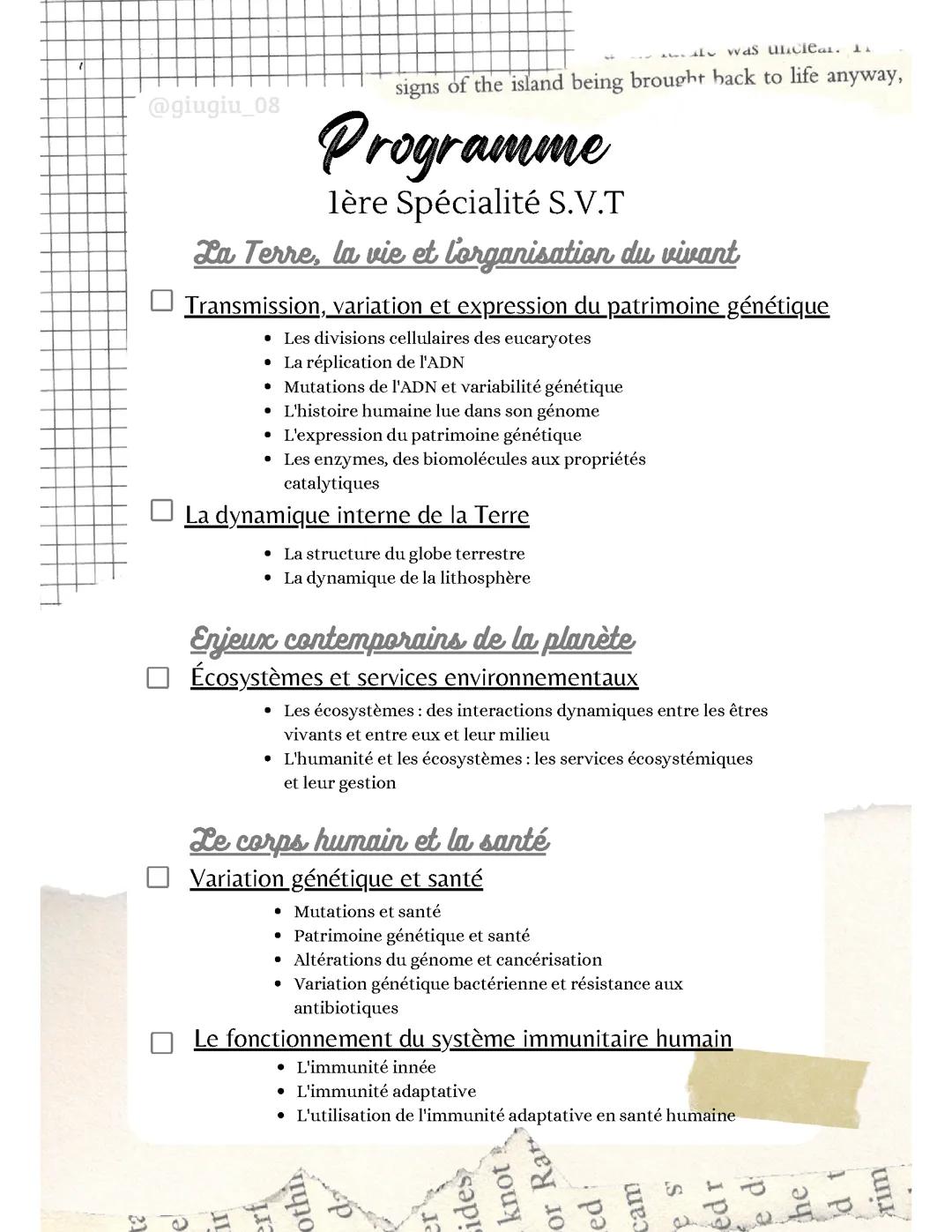 Programme Spé S.V.T - Première