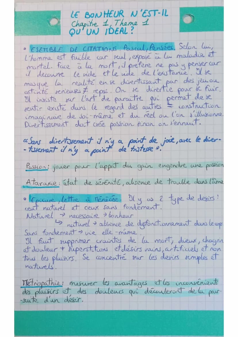 LE BONHEUR N'EST-IL
Chapitre 4, Theme 1
QU'UN IDEAL?
Bonheur: etat de satisfaction total, qui dure dans le
temps, et qui vient d'un jugement