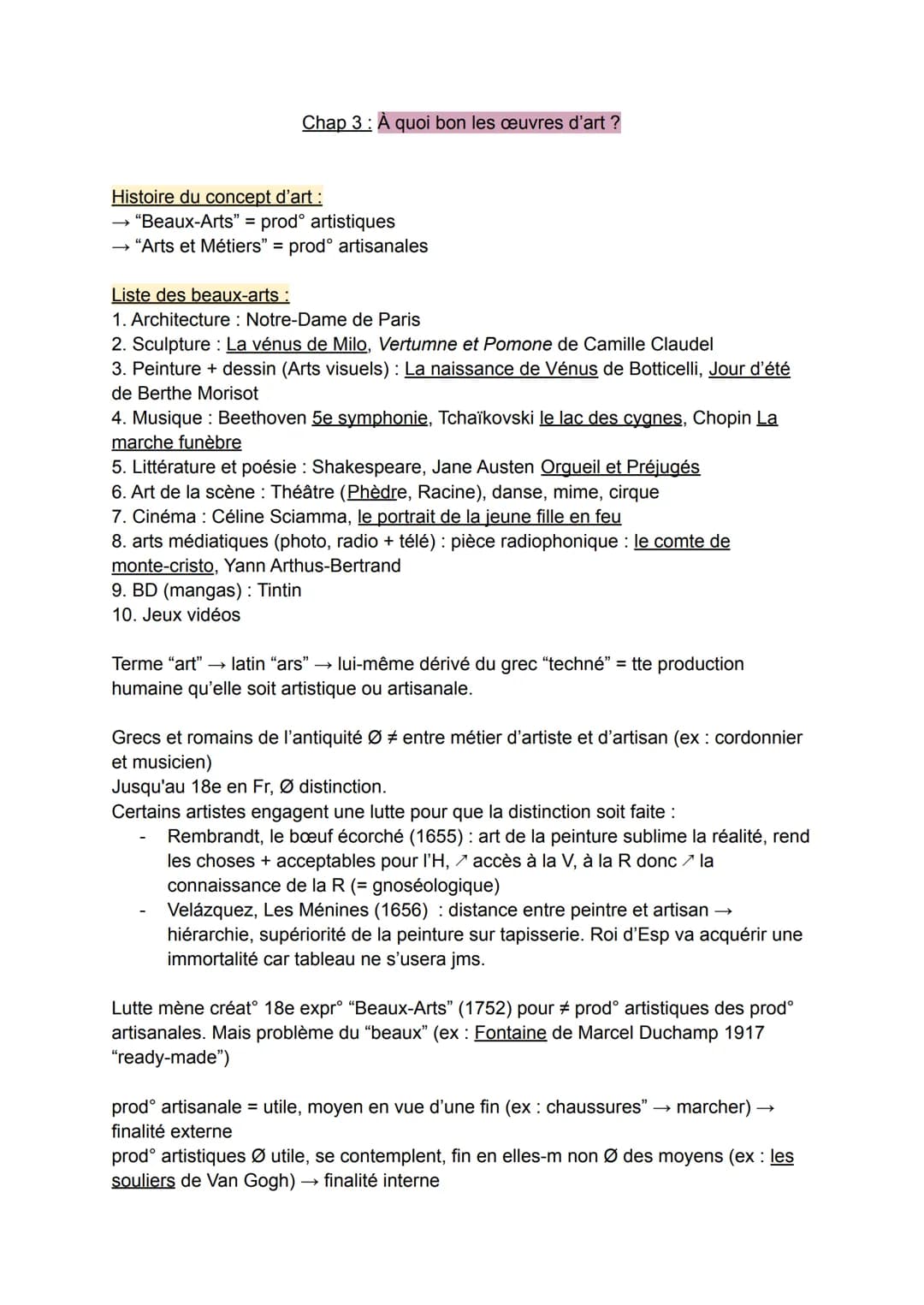 Histoire du concept d'art :
"Beaux-Arts" prod° artistiques
→ "Arts et Métiers" = prodᵒ artisanales
→
Chap 3: À quoi bon les œuvres d'art ?
L