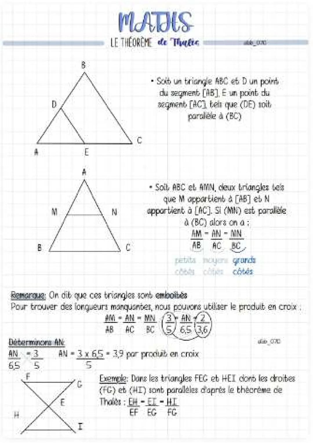 E
6-9-HI
37 2
H
Exemple:
MATHS
LE THEOREME de Tales
Déterminons HI: 9-HI
=
R
70
7 2
La réciproque
b07
HI-9x2= 2,6 cm par produit
7
MH = MR
M