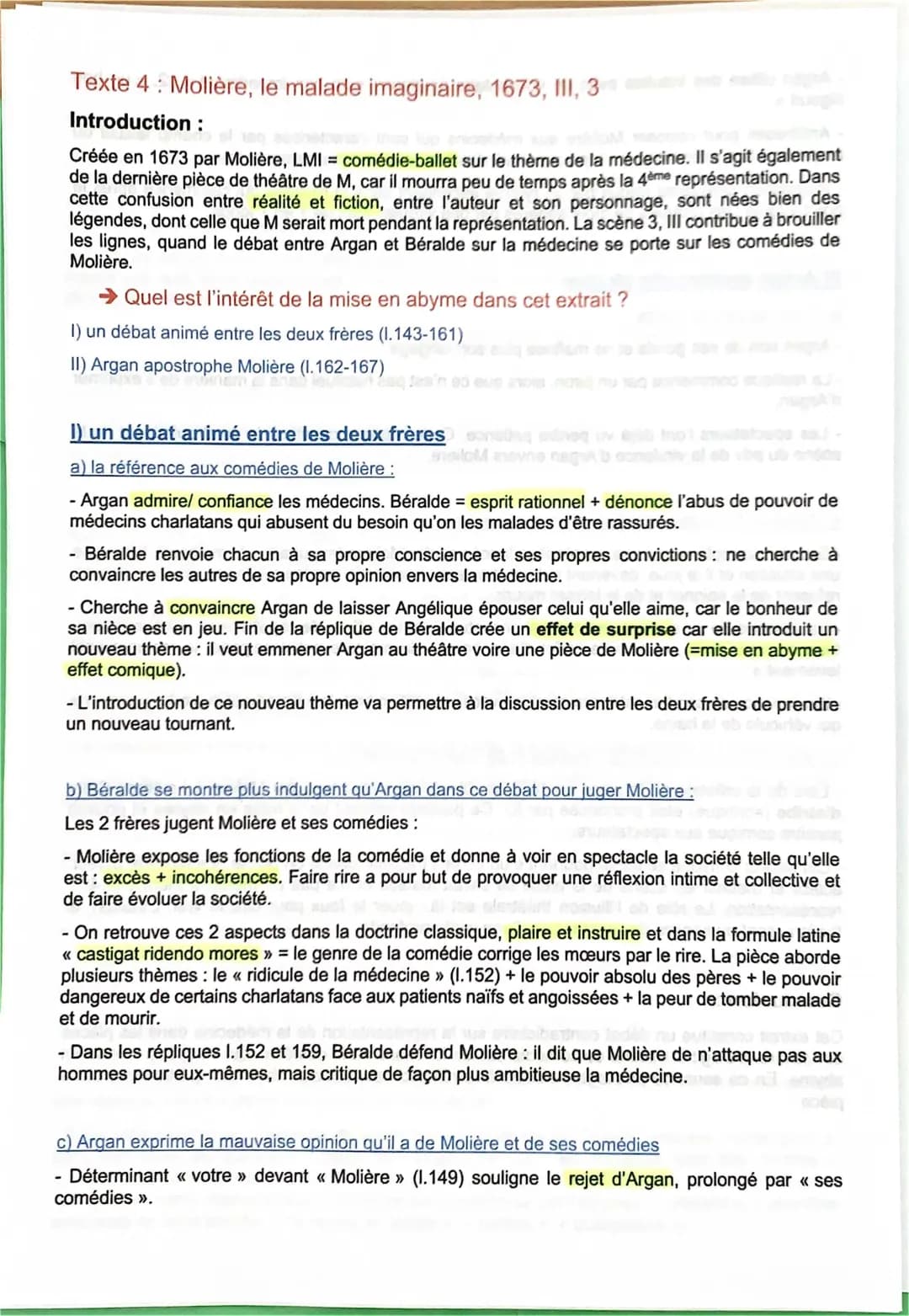 Analyse linéaire Le Malade imaginaire Acte 3 Scène 3 - PDF et Résumé