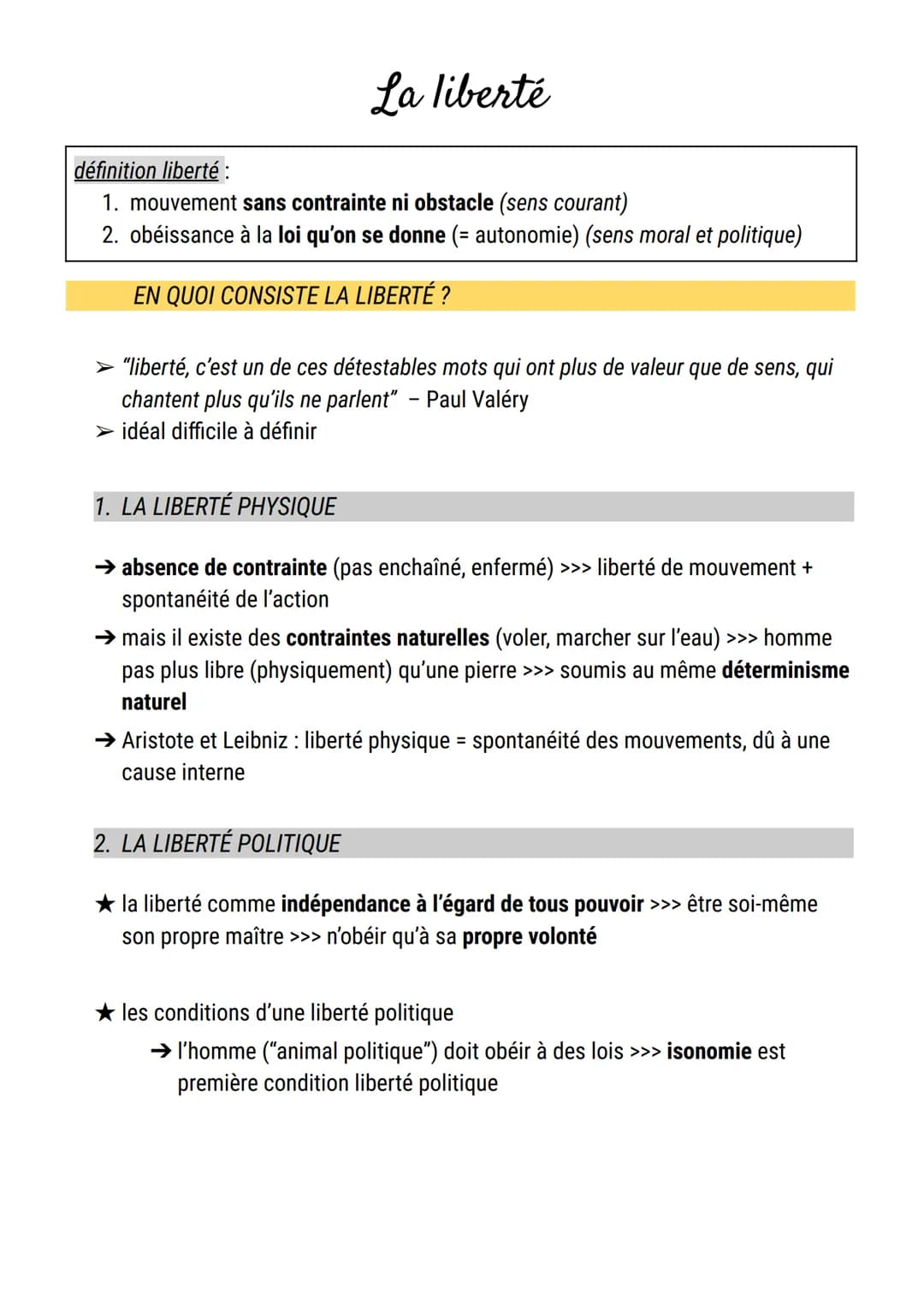 La liberté
définition liberté :
1. mouvement sans contrainte ni obstacle (sens courant)
2. obéissance à la loi qu'on se donne (= autonomie) 