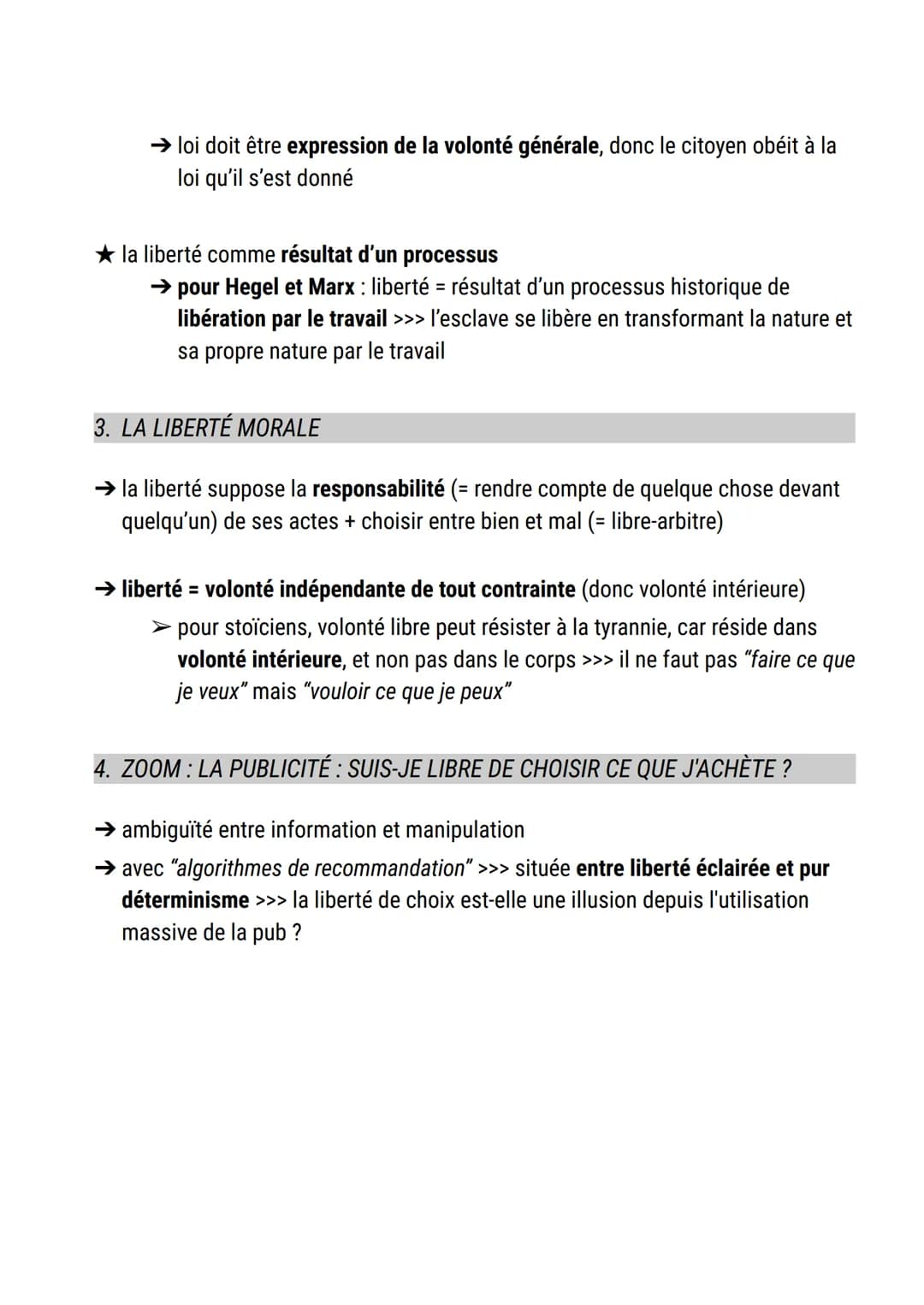 La liberté
définition liberté :
1. mouvement sans contrainte ni obstacle (sens courant)
2. obéissance à la loi qu'on se donne (= autonomie) 