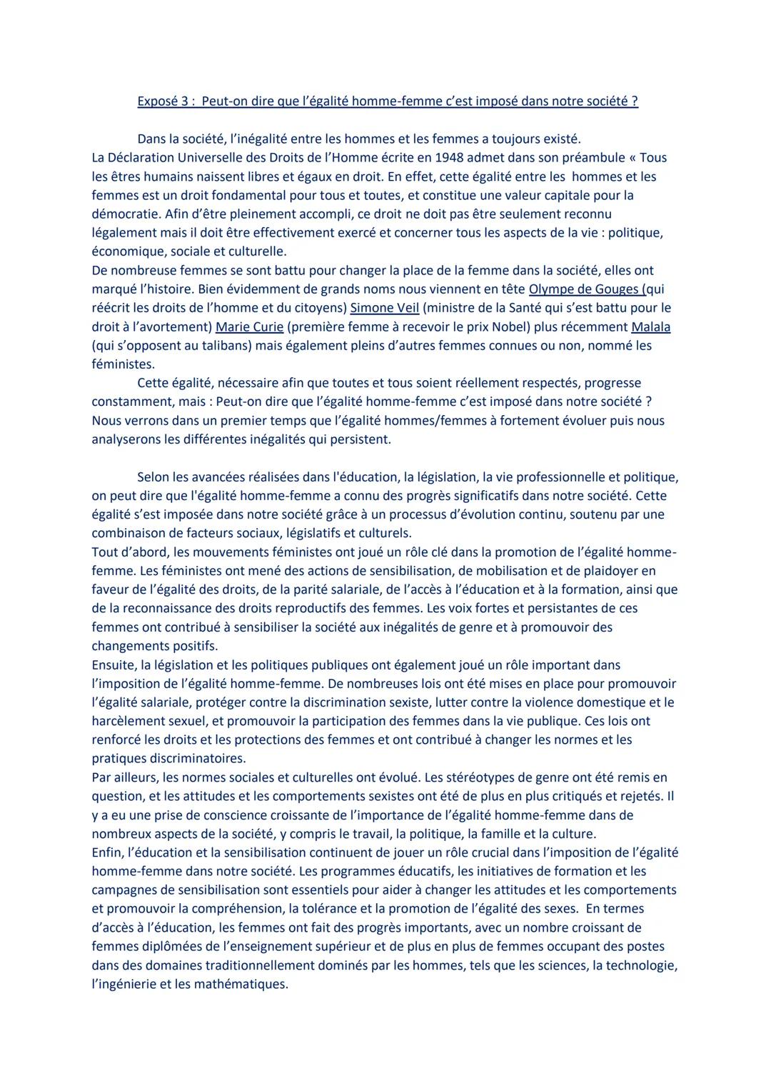 Exposé 3: Peut-on dire que l'égalité homme-femme c'est imposé dans notre société ?

Dans la société, l'inégalité entre les hommes et les fem