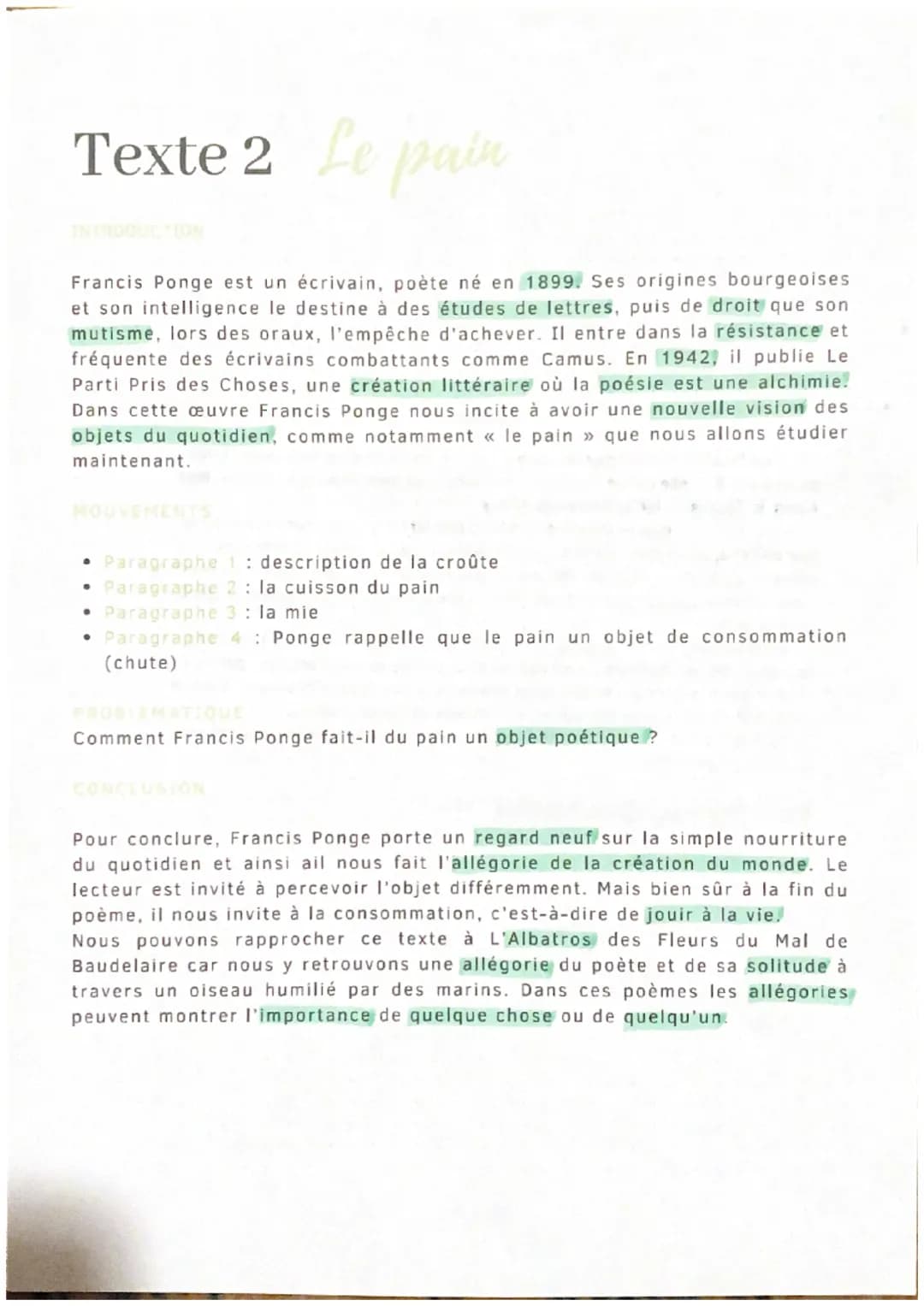 Texte 2 Le pain
Francis Ponge est un écrivain, poète né en 1899. Ses origines bourgeoises
et son intelligence le destine à des études de let