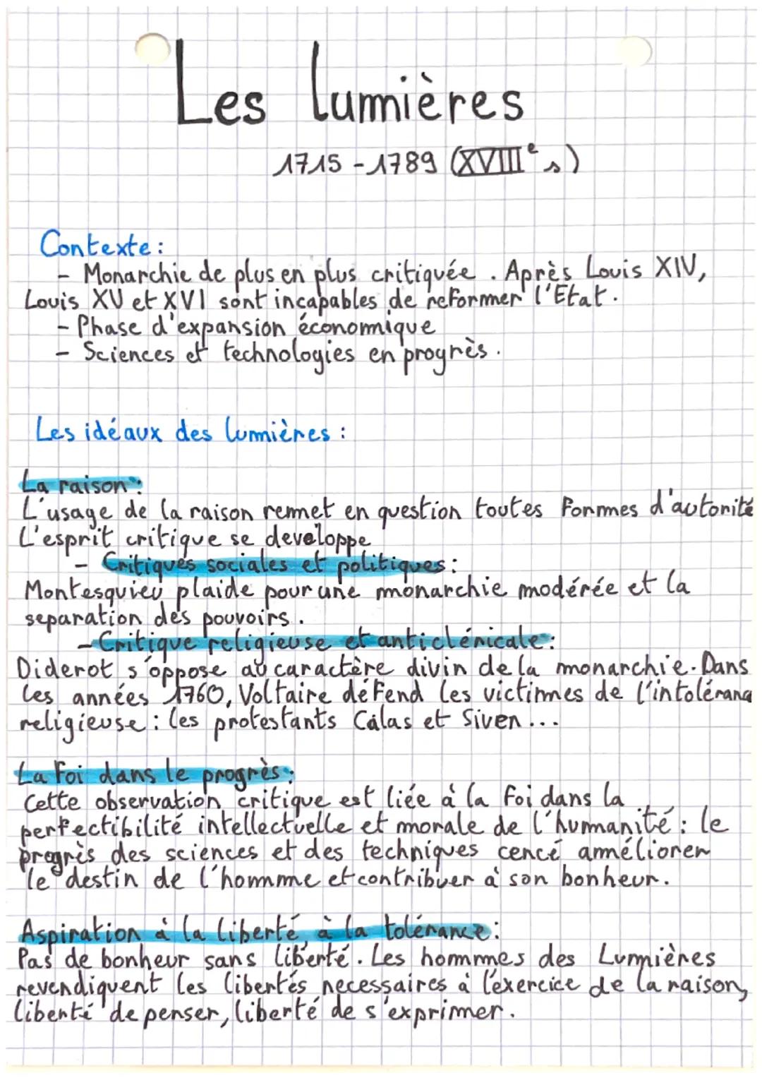 Les Lumières
1715-1789 (XVIII's)
Contexte:
- Monarchie de plus en plus critiquée. Après Louis XIV,
Louis XV et XVI sont incapables de reform