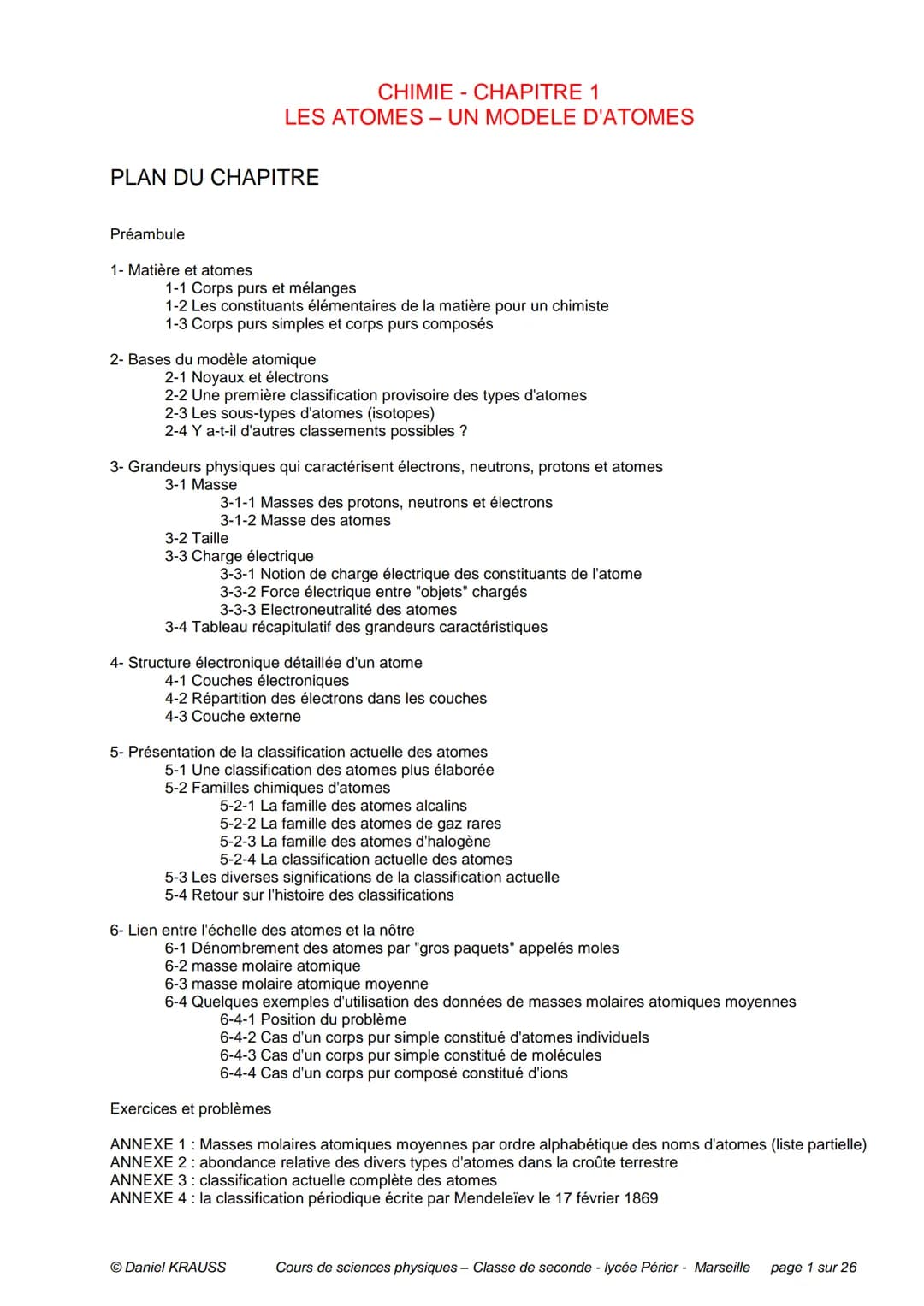 PLAN DU CHAPITRE
Préambule
1- Matière et atomes
CHIMIE - CHAPITRE 1
LES ATOMES - UN MODELE D'ATOMES
1-1 Corps purs et mélanges
1-2 Les const