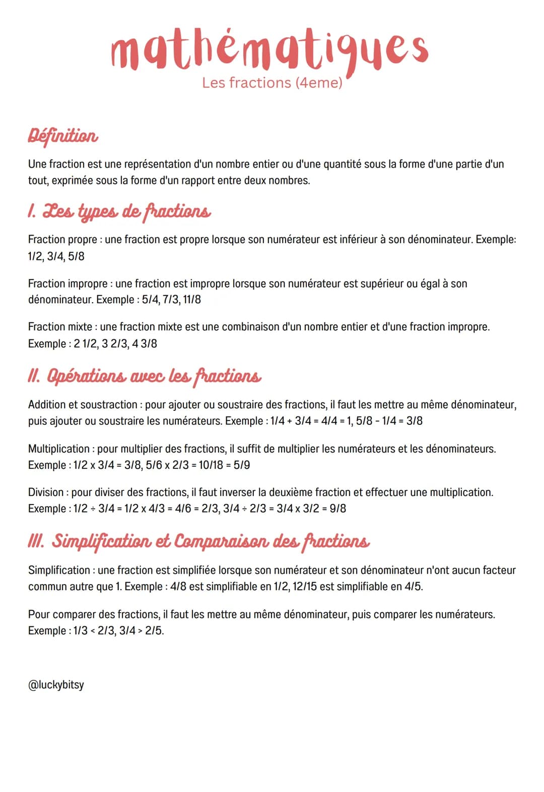 mathématiques
Les fractions (4eme)
Définition
Une fraction est une représentation d'un nombre entier ou d'une quantité sous la forme d'une p