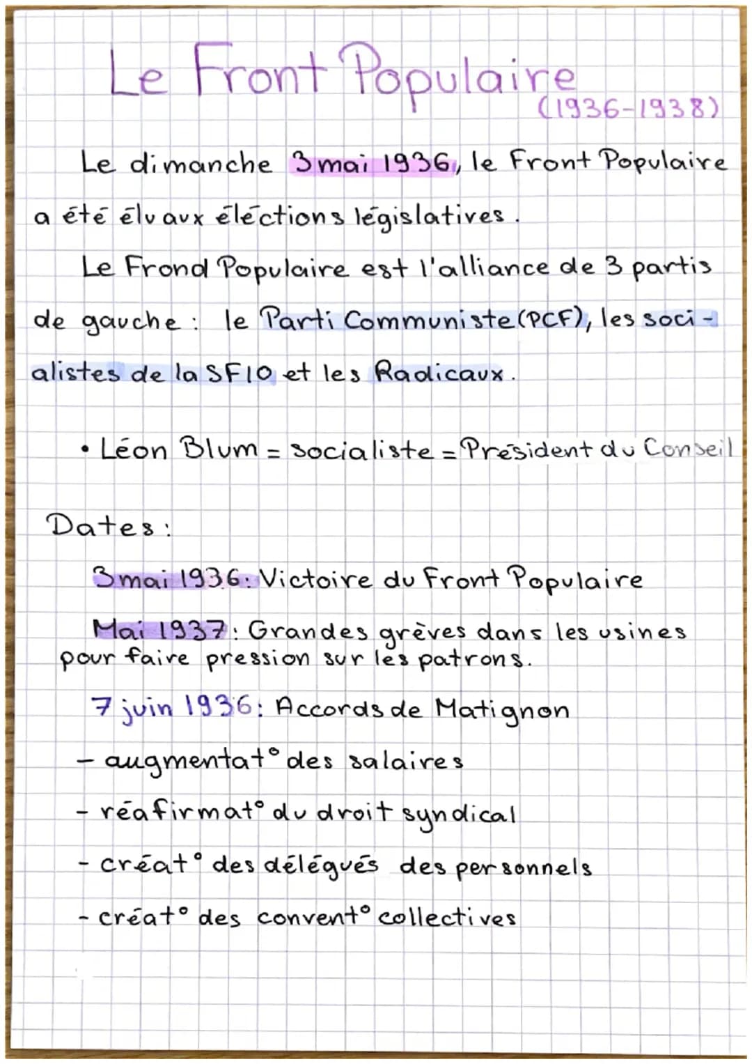 Le Front Populaire 936-1938)
Le dimanche 3 mai 1936, le Front Populaire
a été élu aux élections législatives.
Le Frond Populaire est l'allia