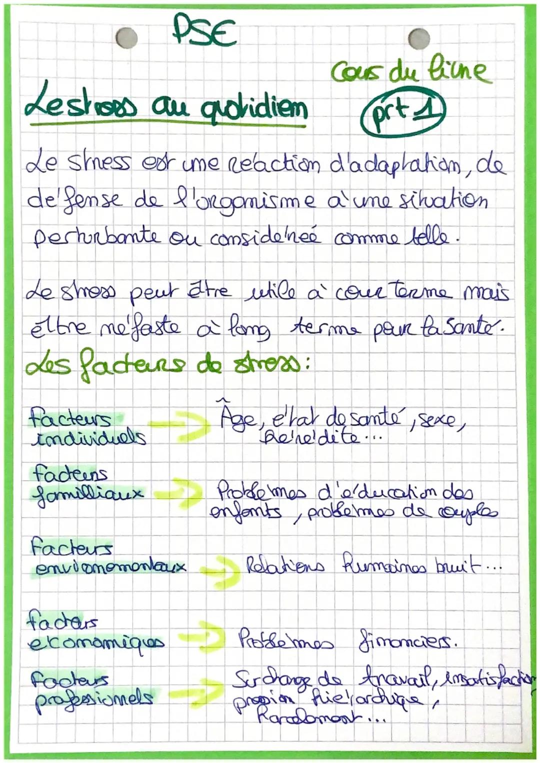PSE
Leshoes au quotidiem
Le stress est ume Reaction d'adaptation, de
defense de l'organisme a une situation
perturbante ou consideneé comme 