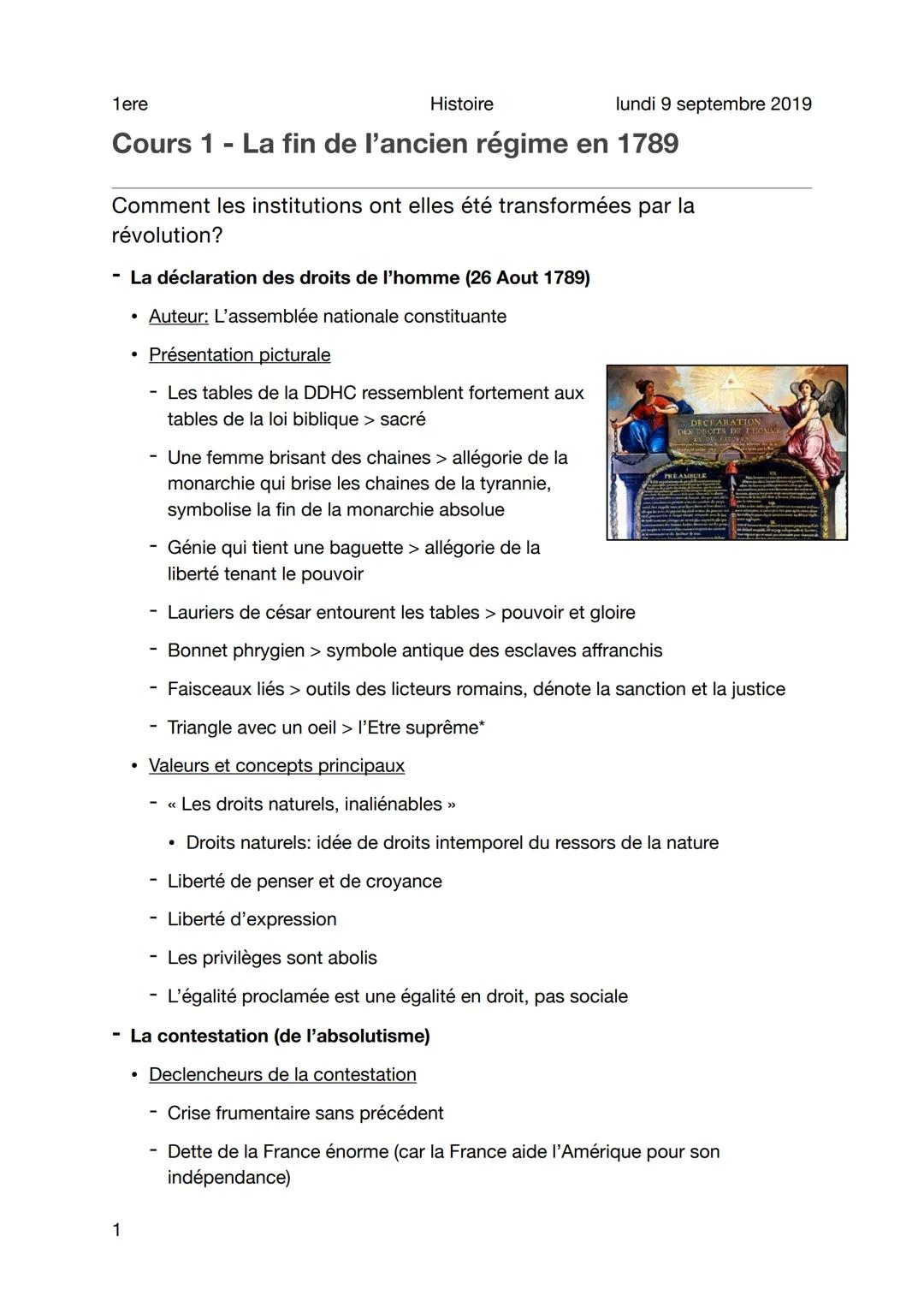 1ere
Cours 1- La fin de l'ancien régime en 1789
Histoire
Comment les institutions ont elles été transformées par la
révolution?
- La déclara