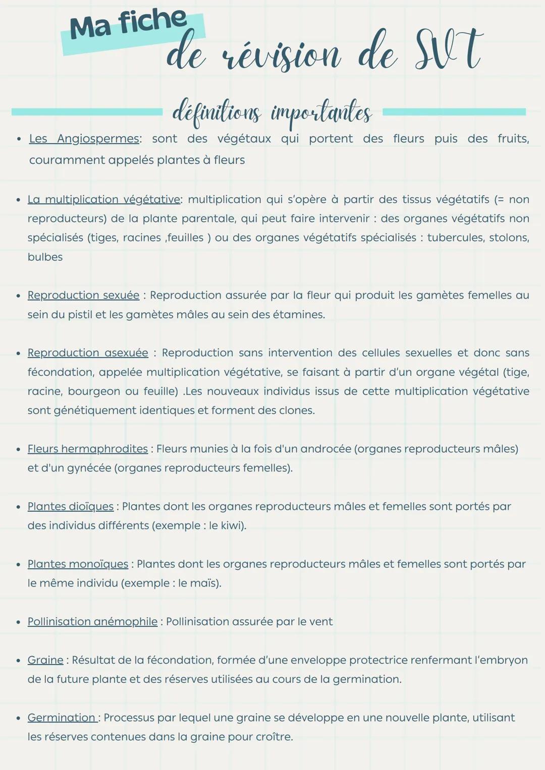 fiche de révision en svt sur la reproduction de la plante