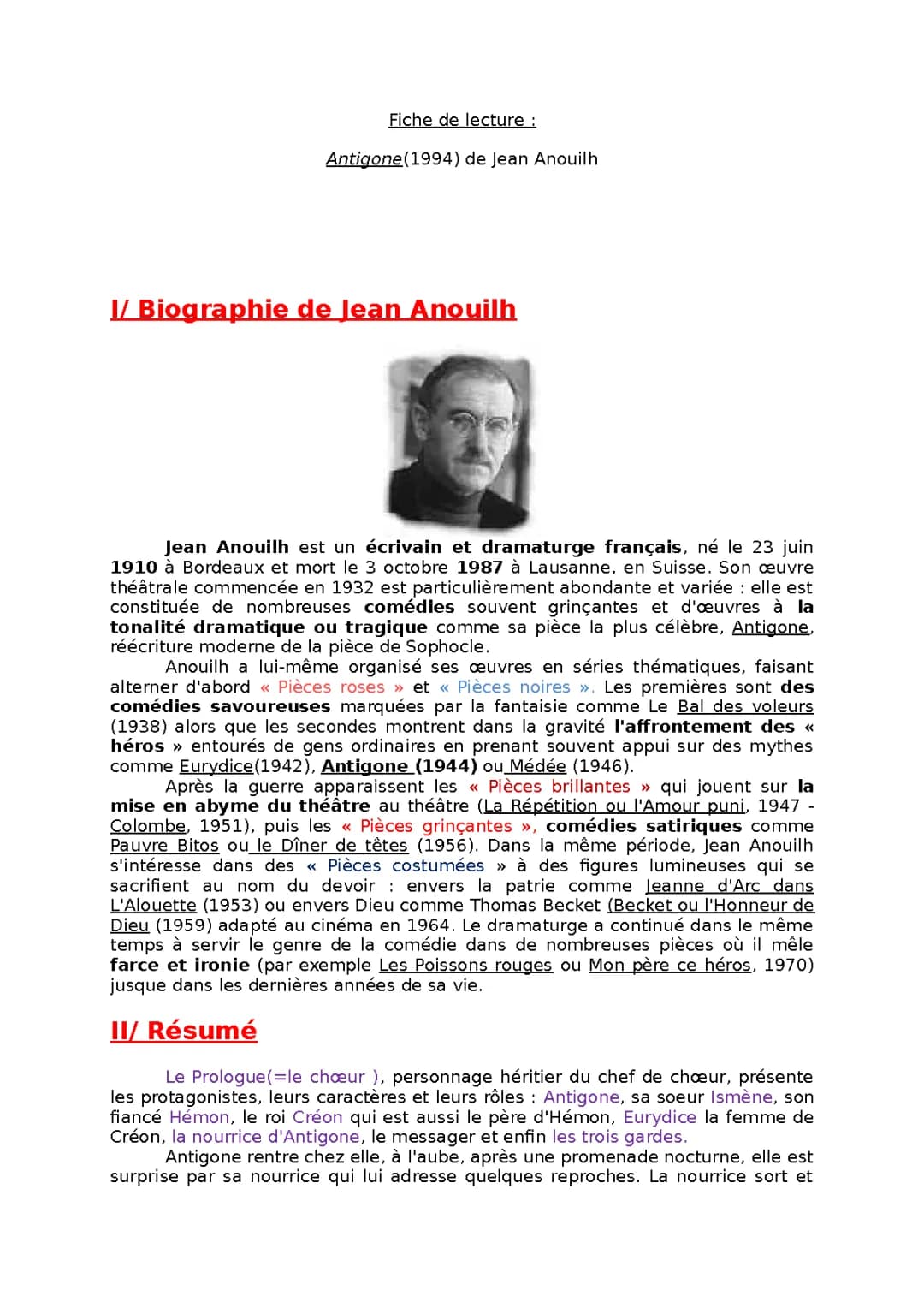 Jean Anouilh : Biographie, Œuvres et Antigone Analyse PDF
