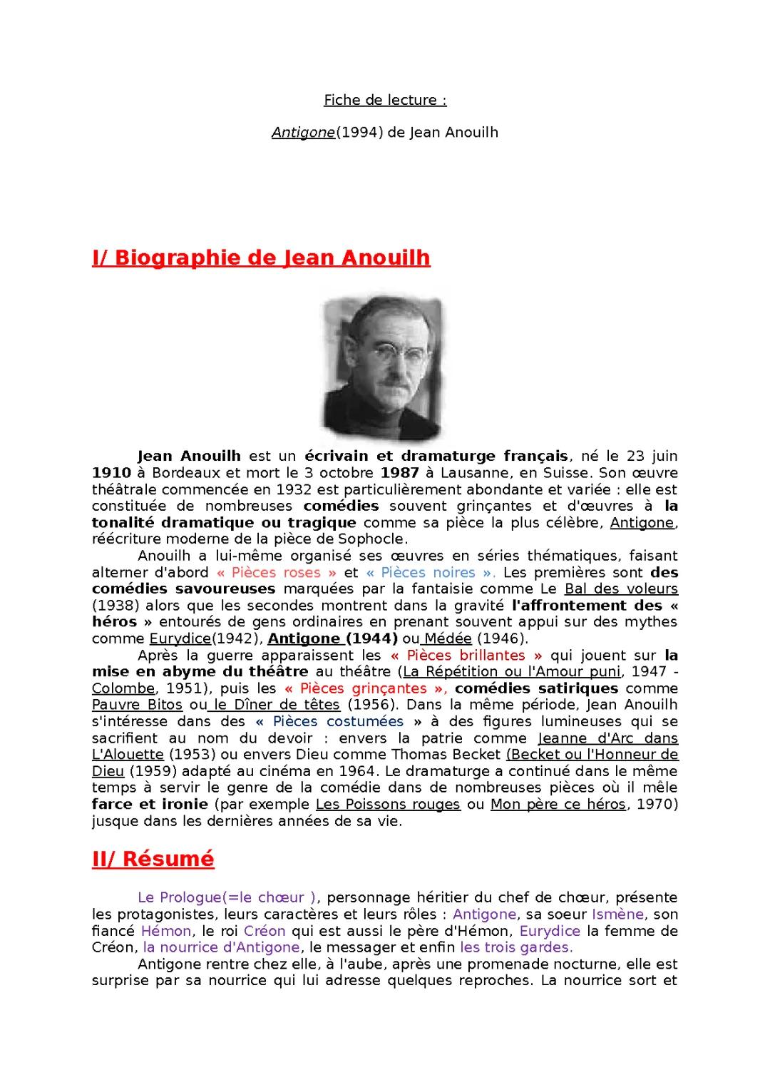 Jean Anouilh : Biographie, Œuvres et Antigone Analyse PDF