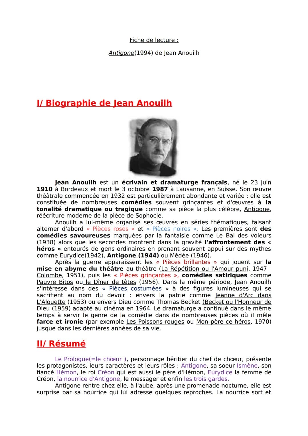 Fiche de lecture :
Antigone (1994) de Jean Anouilh
I/ Biographie de Jean Anouilh
Jean Anouilh est un écrivain et dramaturge français, né le 