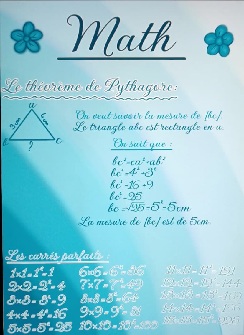 Math
Le théorème de Pythagore:
On veut savoir si le triangle
abc est rectangle.
Le plus grand coté est [ac].
8cm
C
b5cm
D'une part
D'autre p