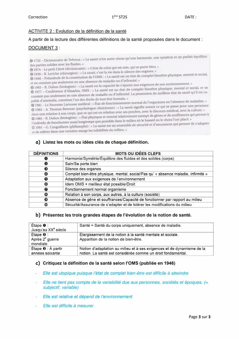 Correction
1ère ST2S
PARTIE 1: Qu'est-ce que la santé, le bien-être social et la cohésion sociale ?
SEQUENCE 1: De la santé des individus à 