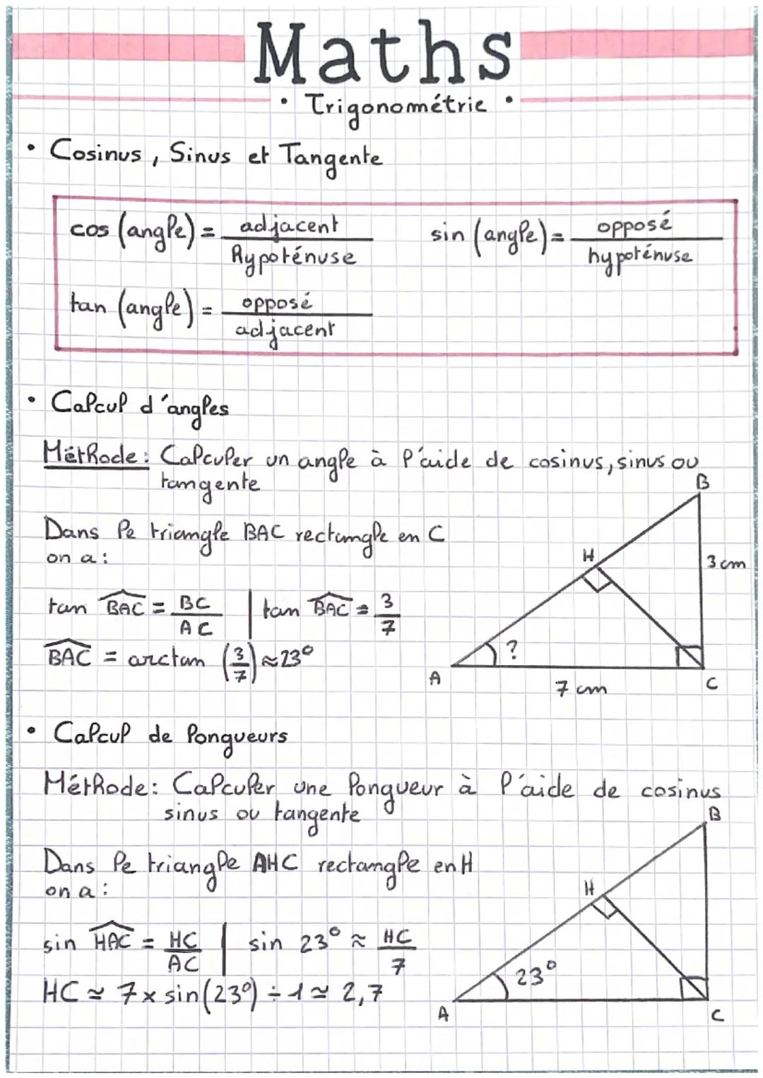 ●
Cosinus, Sinus et Tangente.
:(angle) = adjacent
Rypoténuse
COS
Maths
Trigonométrie
tan (angle) = opposé
adjacent
Calcul d'angles
B
Méthode