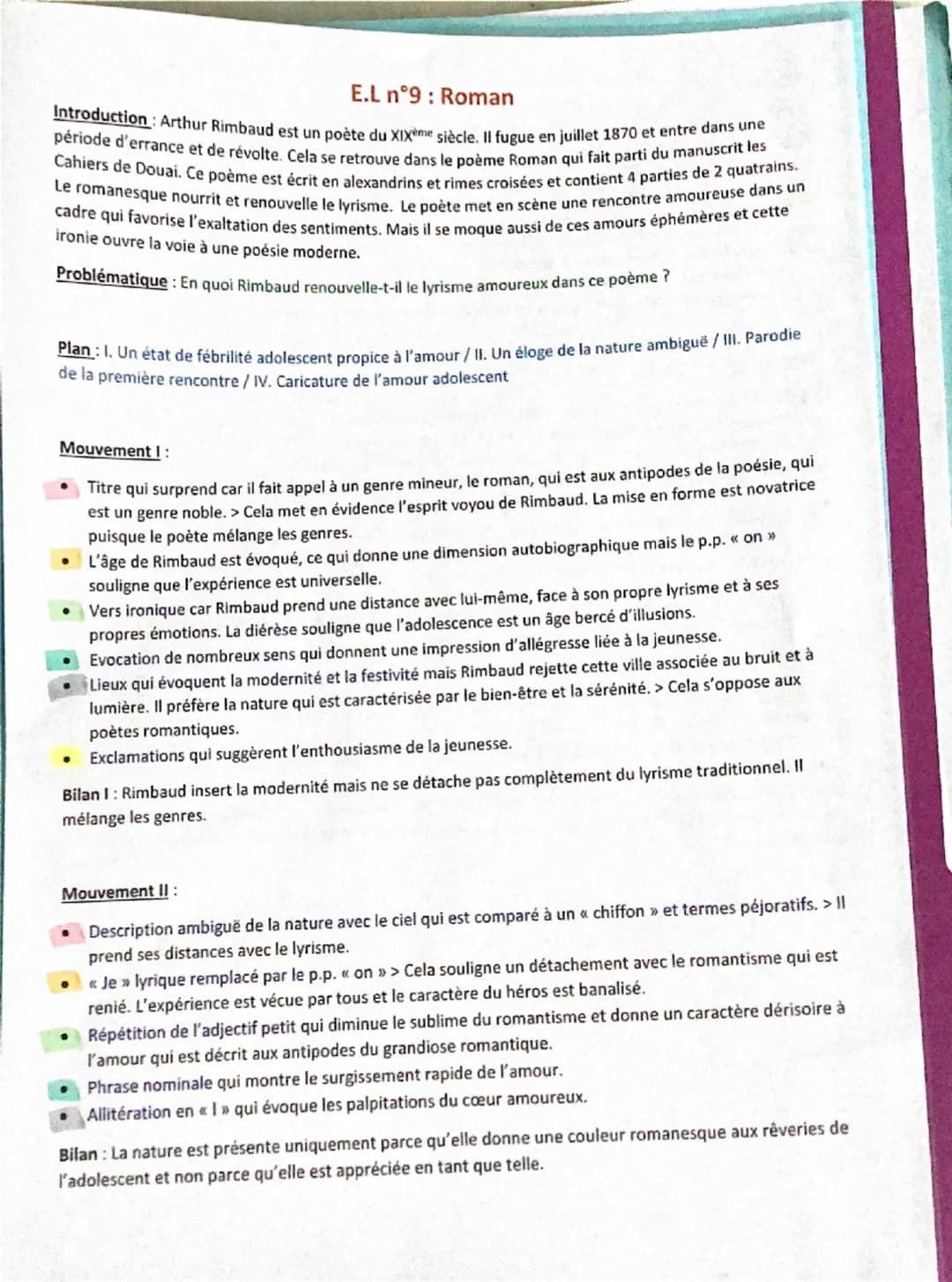 E.L n°9: Roman
Introduction: Arthur Rimbaud est un poète du XIXème siècle. Il fugue en juillet 1870 et entre dans une
période d'errance et d