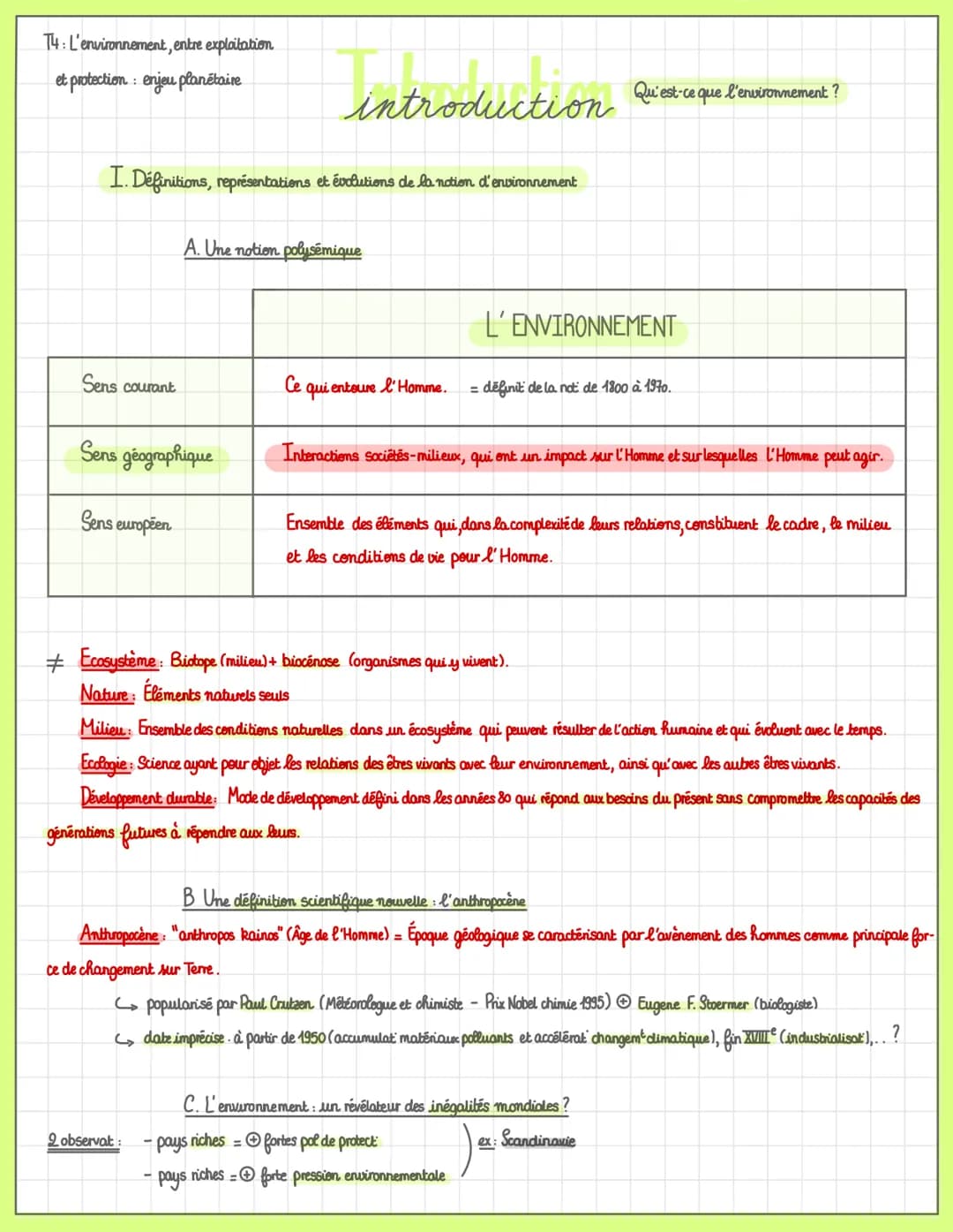 T4: L'environnement, entre exploitation
et protection : enjeu planétaire
I. Définitions, représentations et évolutions de la notion d'enviro